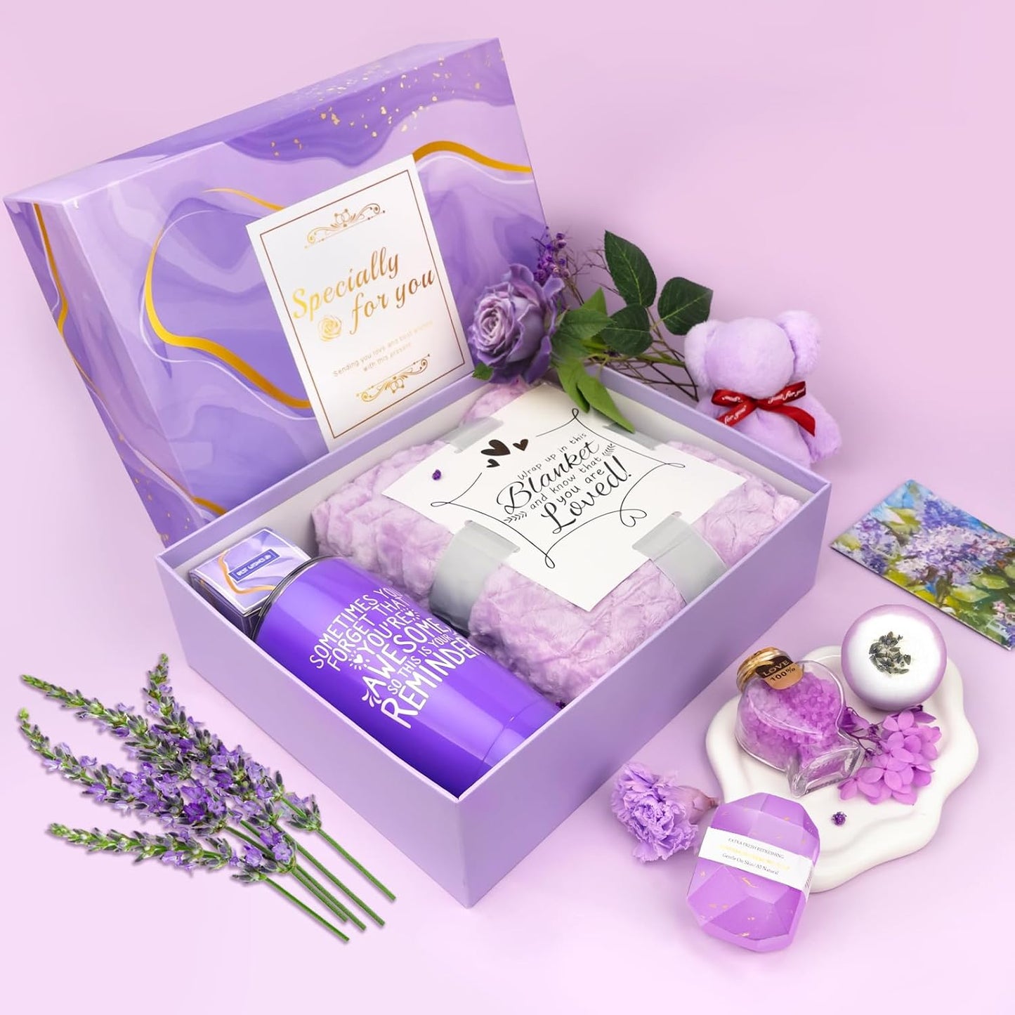Spa Gifts for Women, Lavender 16 Pcs Mothers Day Gifts for Mom Wife Friend Daughter Sister, Self Care Gift Baskets for Women, Thank You, Get Well, Sympathy Inspirational Care Package Spa Basket
