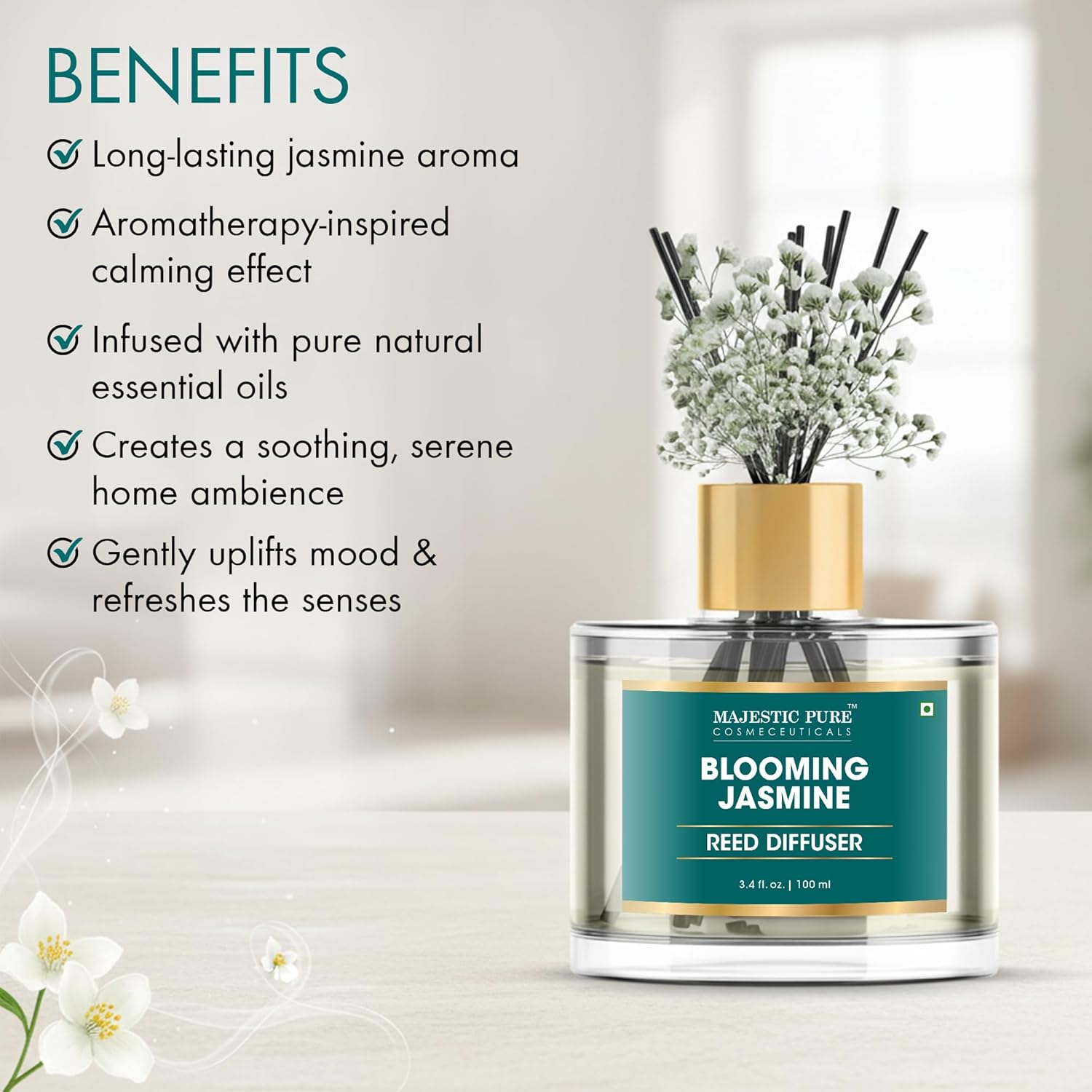 Majestic Pure Blooming Jasmine Reed Diffuser for Home, Bathroom & Office | Natural Aromatherapy Air Freshener & Room Fragrance, with Reed Sticks & Dried Flowers 3.4 fl oz