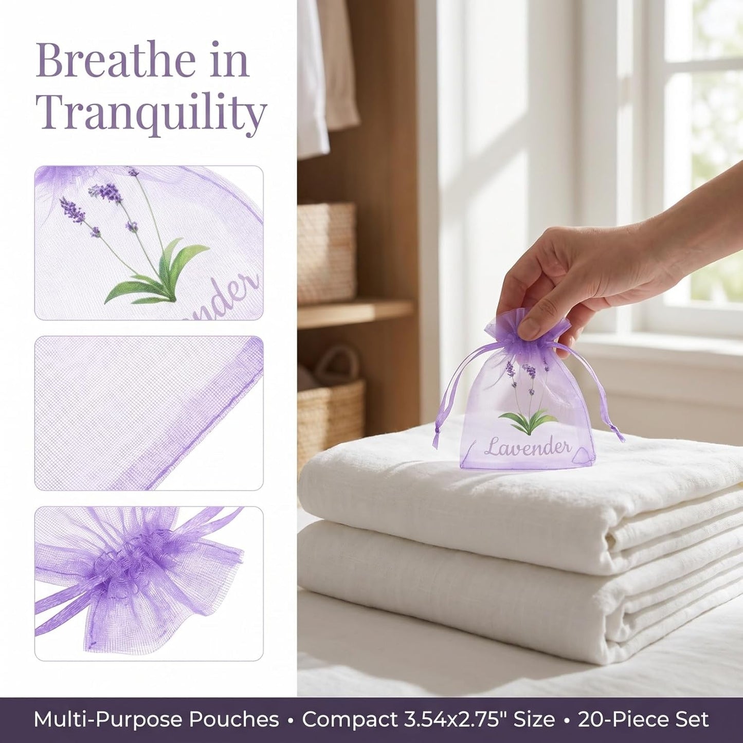 MAGICLULU 20Pcs Empty Lavender Sachet Bags - Violet Mesh Drawstring Pouches for Herbs Spices - Breathable Organza Storage Bags for Home Closet Drawer - Floral Print Small Potpourri Packets