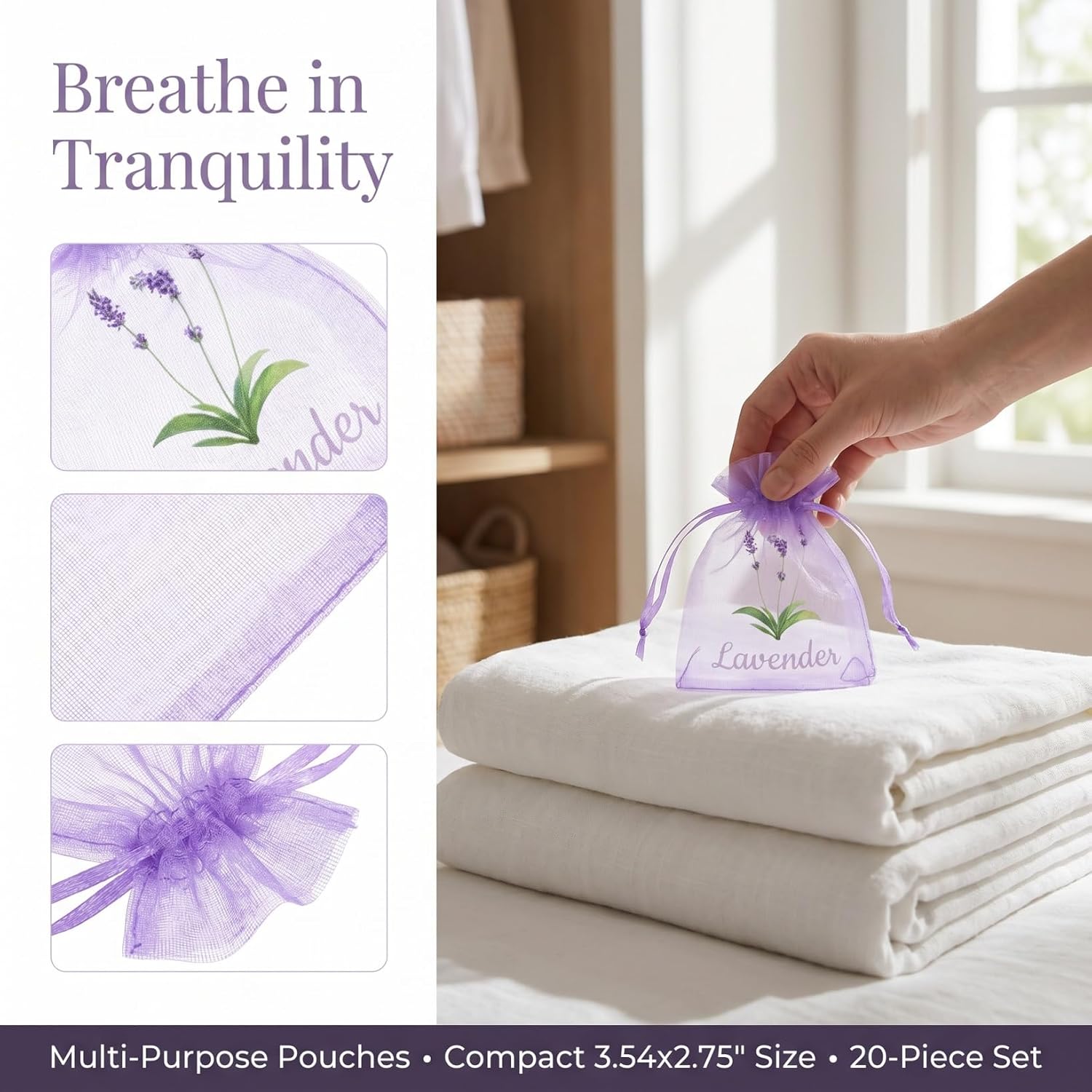 MAGICLULU 20Pcs Empty Lavender Sachet Bags - Violet Mesh Drawstring Pouches for Herbs Spices - Breathable Organza Storage Bags for Home Closet Drawer - Floral Print Small Potpourri Packets