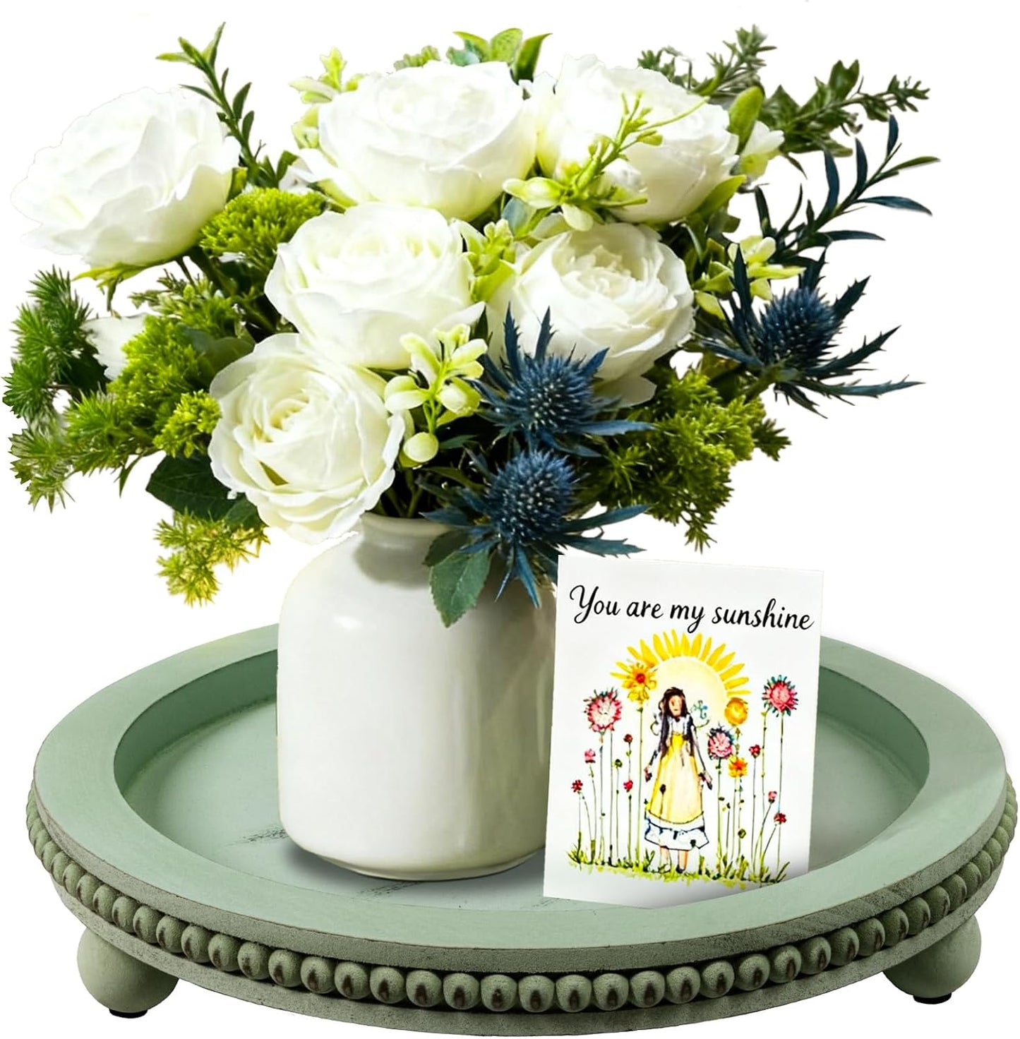 Candle Plate Hold Tray, Sage Round Trays, Wooden Decorative Tray for Coffee Table Decor, Beaded Edge Wood Tray Riser for Living Room Table, Mug Display Decorative, Table Centerpiece, Rustic Green