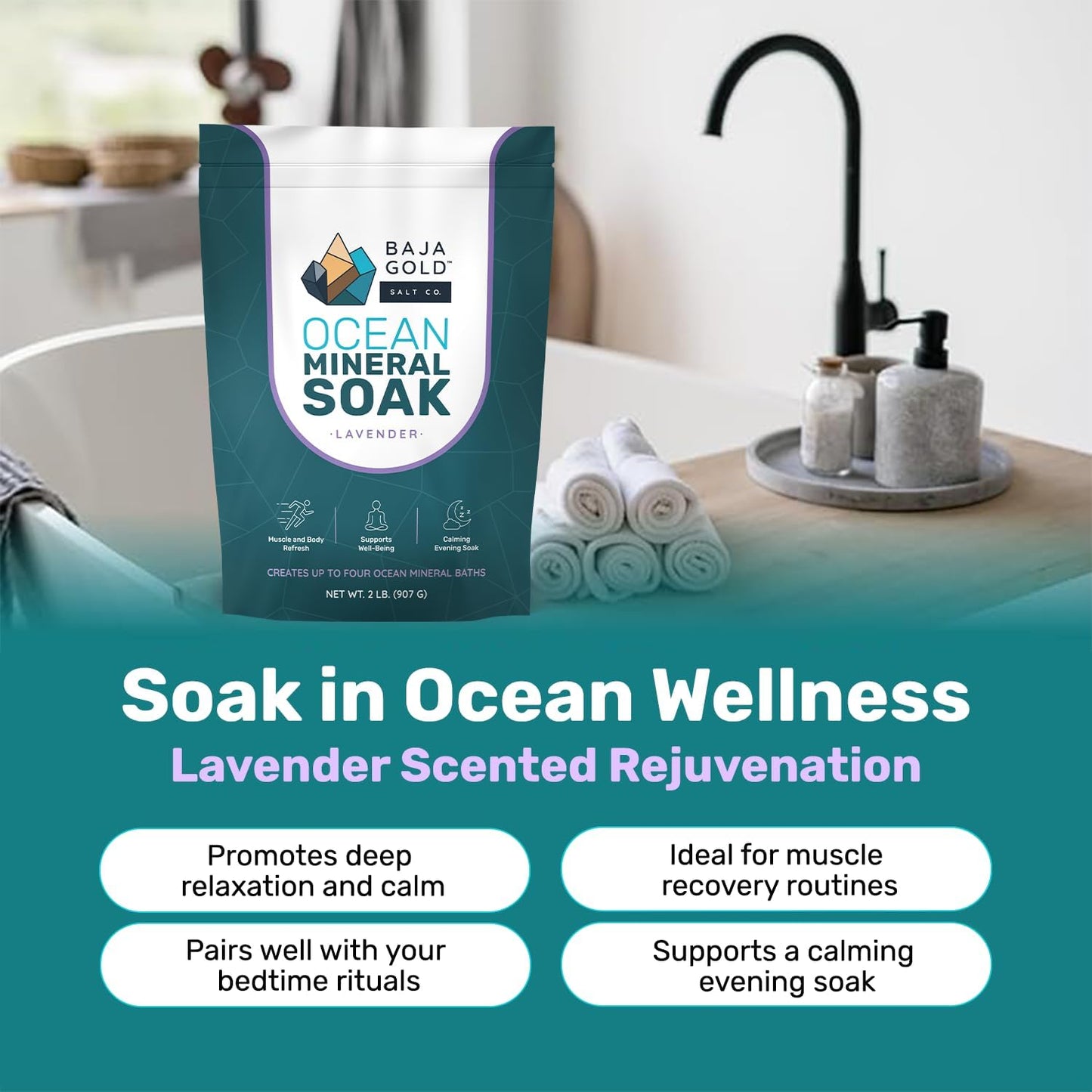 Baja Gold Ocean Mineral Soak – Natural Magnesium Bath Soak & Trace Elements | Relaxing, Clean Ingredient Soak for Bath, Muscles, Relaxation & Skin Care | Pure, Vegan, 2 Lb Resealable Bag, Lavender