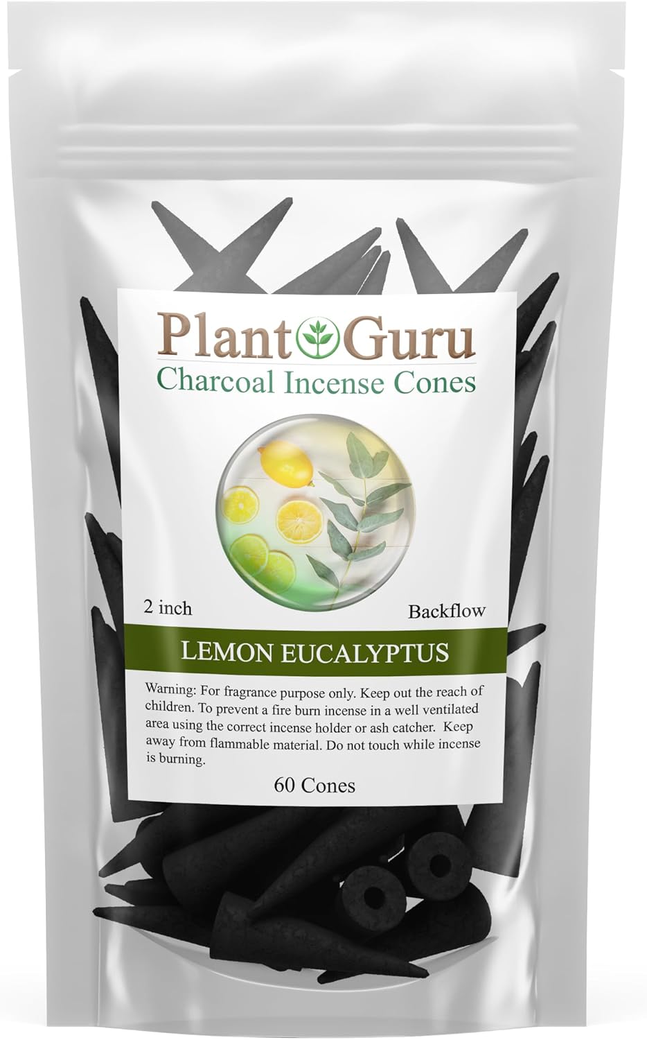 Lemon Eucalyptus Charcoal Incense Cones 2" BACKFLOW - 60 Pack - Natural Scented Cones Handmade Hand Dipped