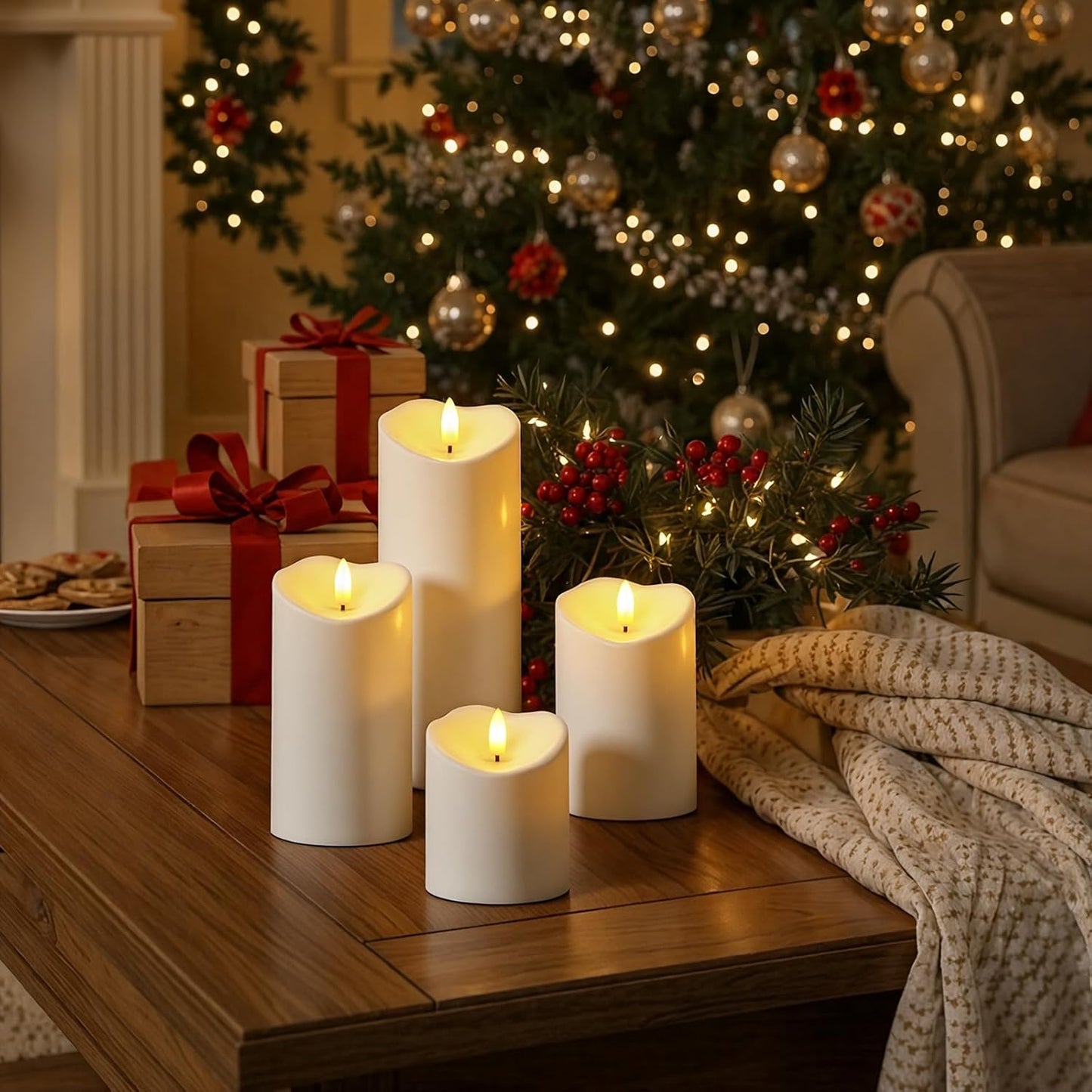 Raycare 8"x3" Outdoor Waterproof Flameless Candles with Remote and Timer, Battery Operated LED Electric Fake Pillar Candle for Christmas Home Wedding Decor, Ivory White, Set of 2