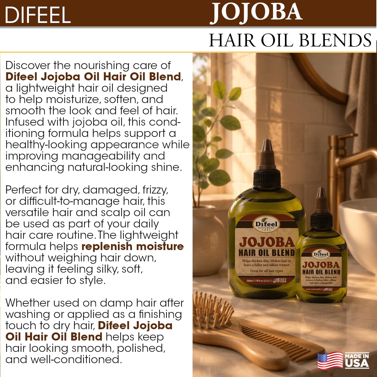 Difeel Jojoba Oil Hair Oil Blend - Travel Size 2.5 oz. - Lightweight Hair &amp; Scalp Moisturizing Oil for Dry, Damaged &amp; Frizzy Hair, Adds Shine &amp; Softness