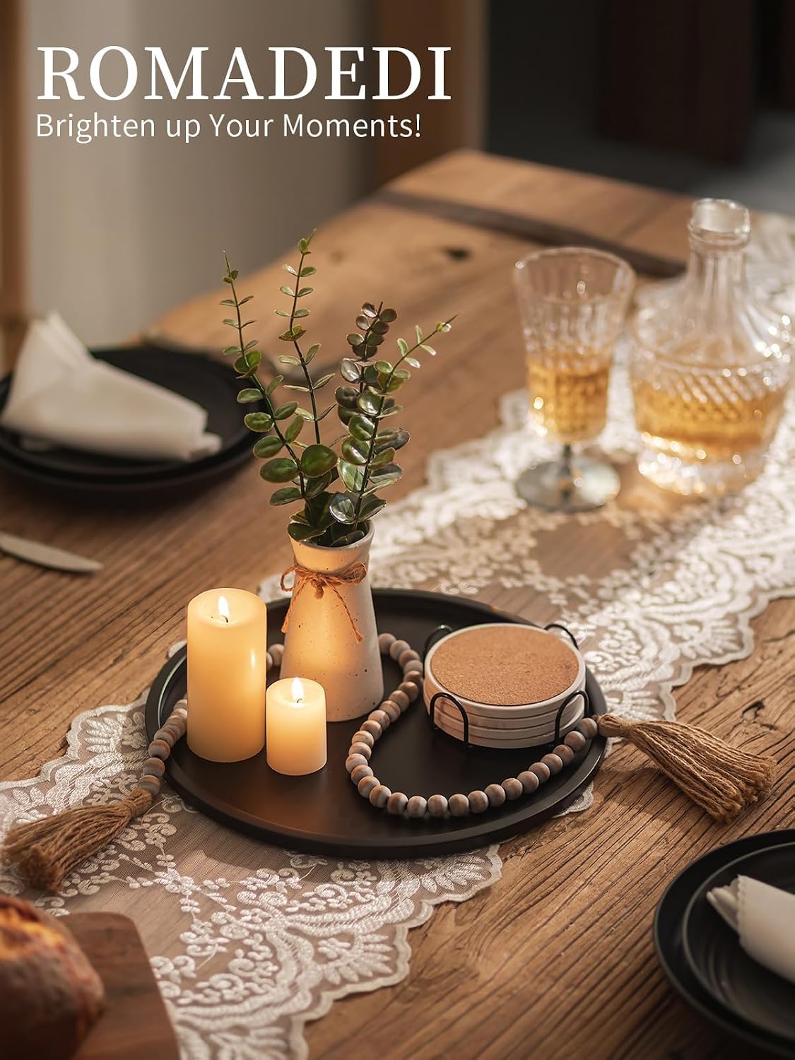 Romadedi Black Round Candle Tray: Metal Decorative Trays for Coffee Table Centerpiece Kitchen Bathroom Counter Modern Farmhouse Home Decor 11.8 Inches