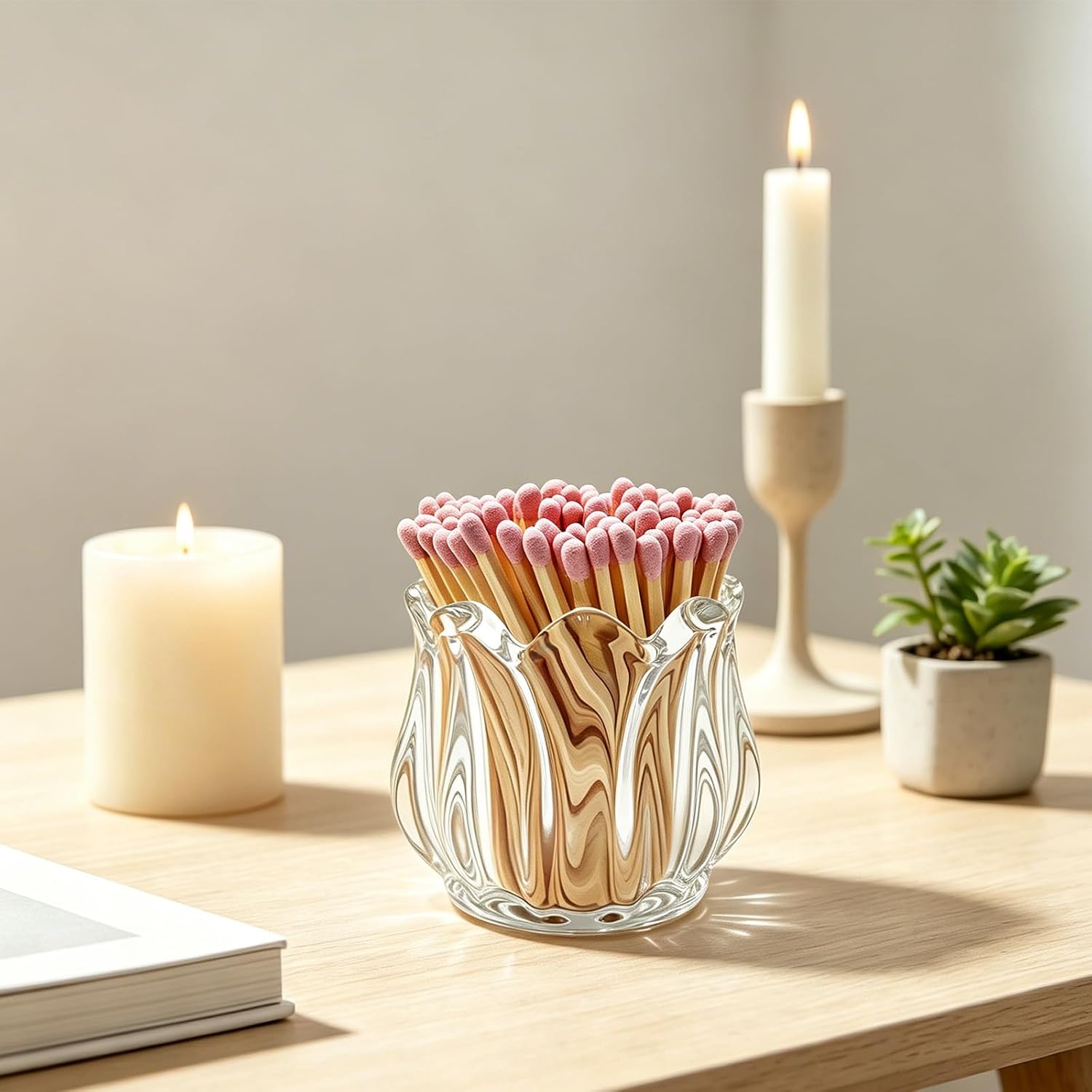Match Holder with Striker x 4 Cute Glass Match Box Lily Flower Shape Match Jar for Candles Fireplace Kitchen Home Bathroom Decor - Matches Not Included