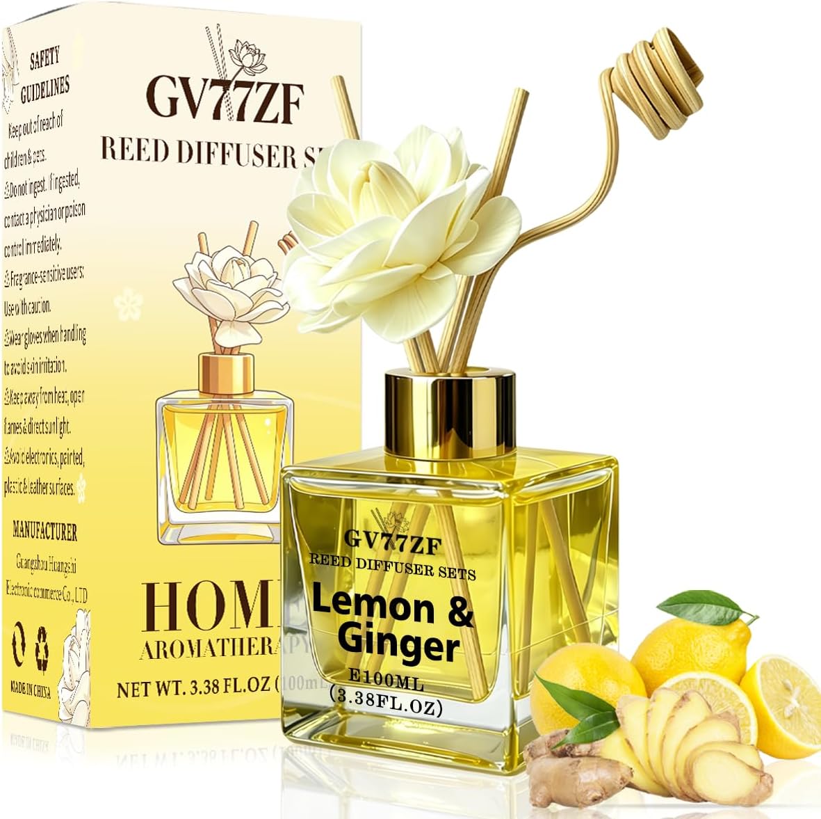 Lemon & Ginger Reed Diffuser – 3.38 oz Glass Bottle with Rattan Sticks & Dried Flowers, Bright Citrus Scent for Home, Adjustable Intensity Aroma Gift for Women, Housewarming, Mom