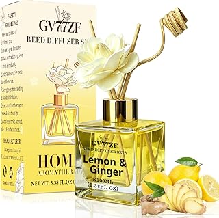 Lemon & Ginger Reed Diffuser – 3.38 oz Glass Bottle with Rattan Sticks & Dried Flowers, Bright Citrus Scent for Home, Adjustable Intensity Aroma Gift for Women, Housewarming, Mom