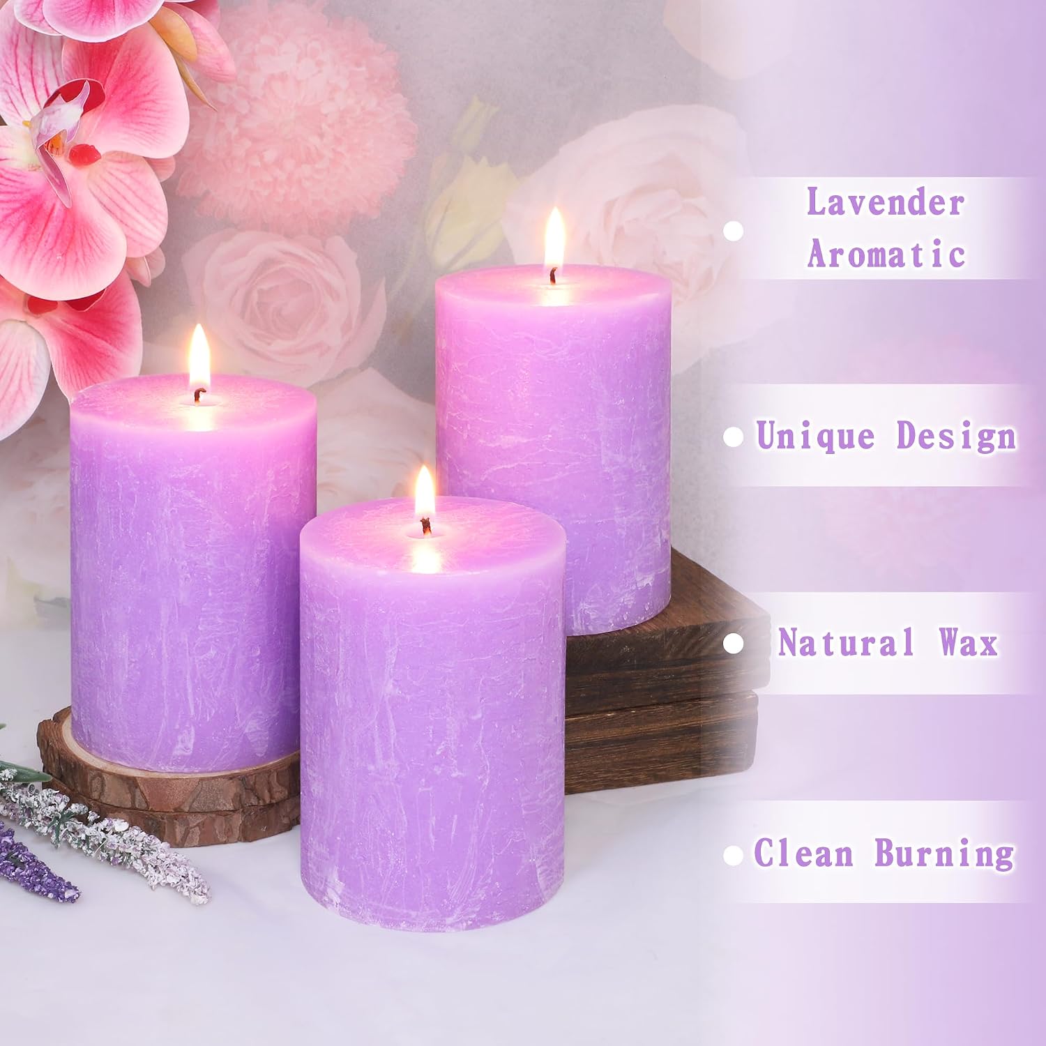 3x4 Inch Lavender Scented Pillar Candles Set of 3 Light Purple Hand-Poured Candle Long-Lasting Burn Rustic Decorative Dripless Candle for Home Scented Stress Relief Meditation