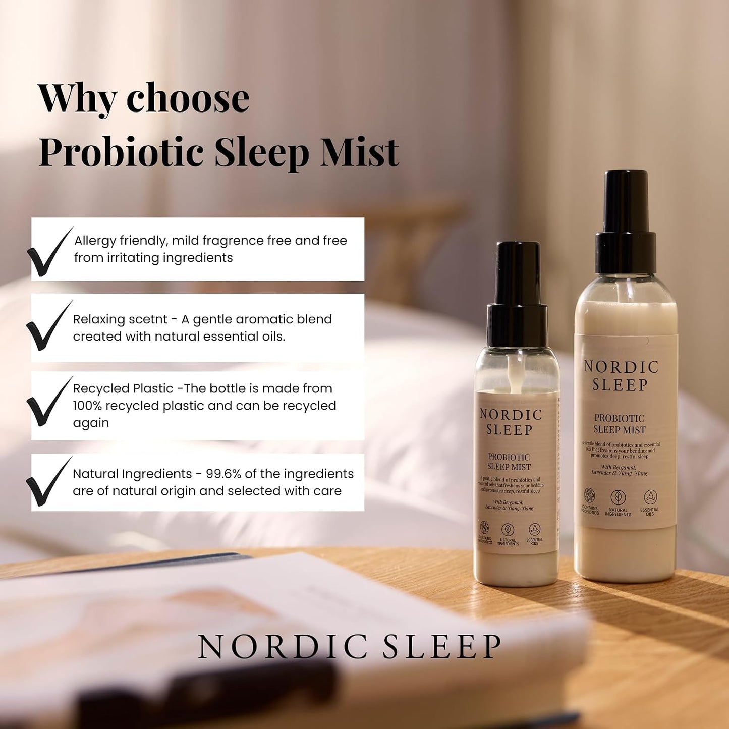 Nordic Sleep Sleep by Fossflakes, Mist 190 ml – Calming Pillow & Room Spray with Lavender, Ylang-Ylang & Bergamot, Probiotic Odor Neutralizer, Go to Bed Aid Mist for Bedroom