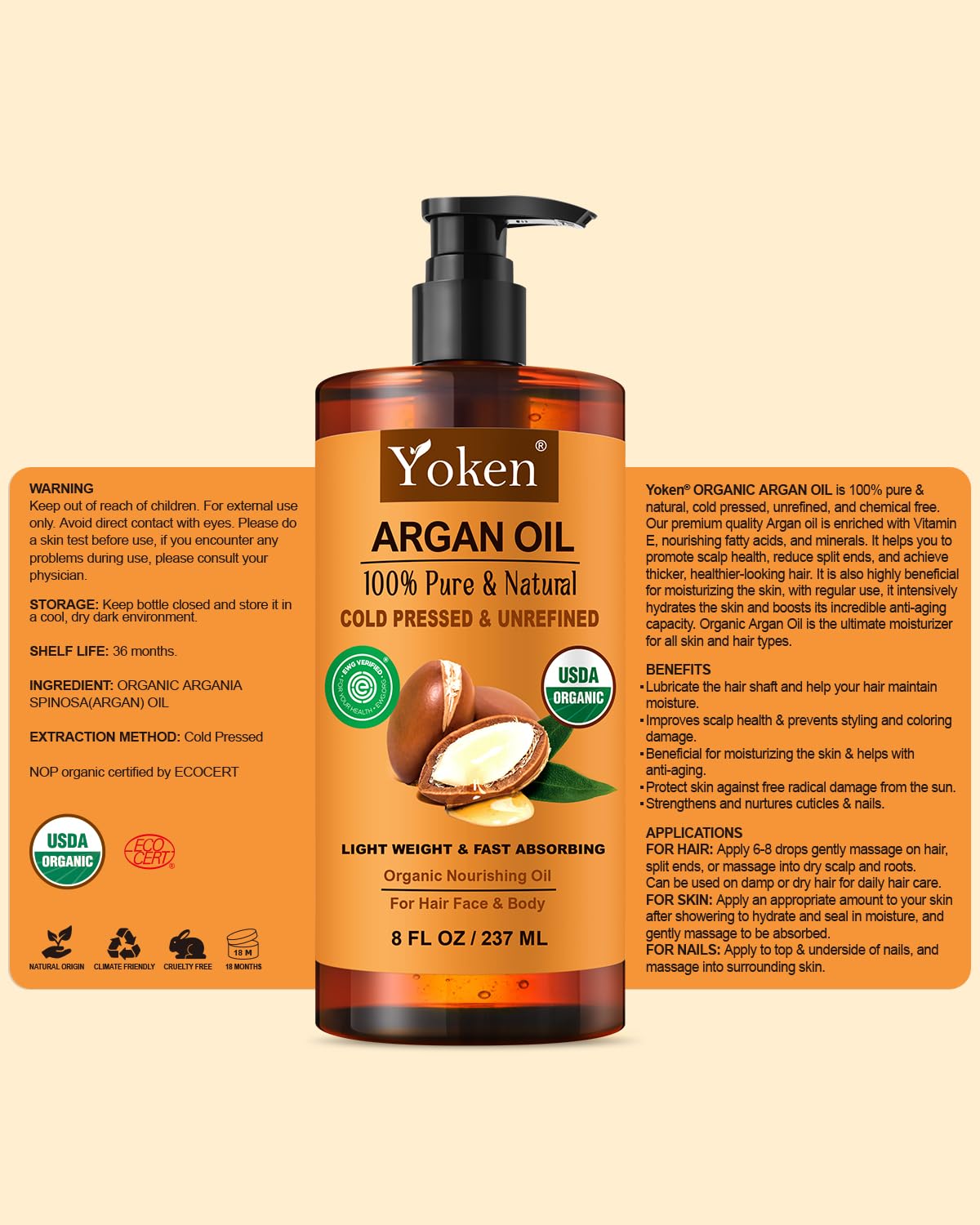Yoken USDA Organic Argan Oil for Hair, Pure and Natural Morocco Argan Oil, Argon Oil For Hair, Scalp, Face & Skin Care, 100% Cold Pressed Hair Conditioner, Unrefined Argon Nails Carrier Oil (8 Fl Oz)