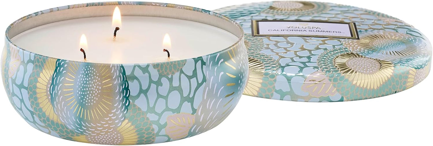Voluspa California Summers Candle Tin, 12 oz, Coconut Wax Blend, 3 Wick Candle, Scented Candles for Home, 40 Hour Burn Time, Poured in the USA