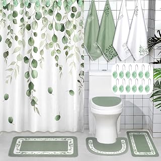 Peryiter 21 Pcs Sage Green Bathroom Set Eucalyptus Leaves Shower Curtain with 12 Leaf Hooks, 4 Sage Green Bath Towels 2 Non-Slip Rugs U-Shaped Toilet Mat & Cover Eucalyptus Decor for Bathroom
