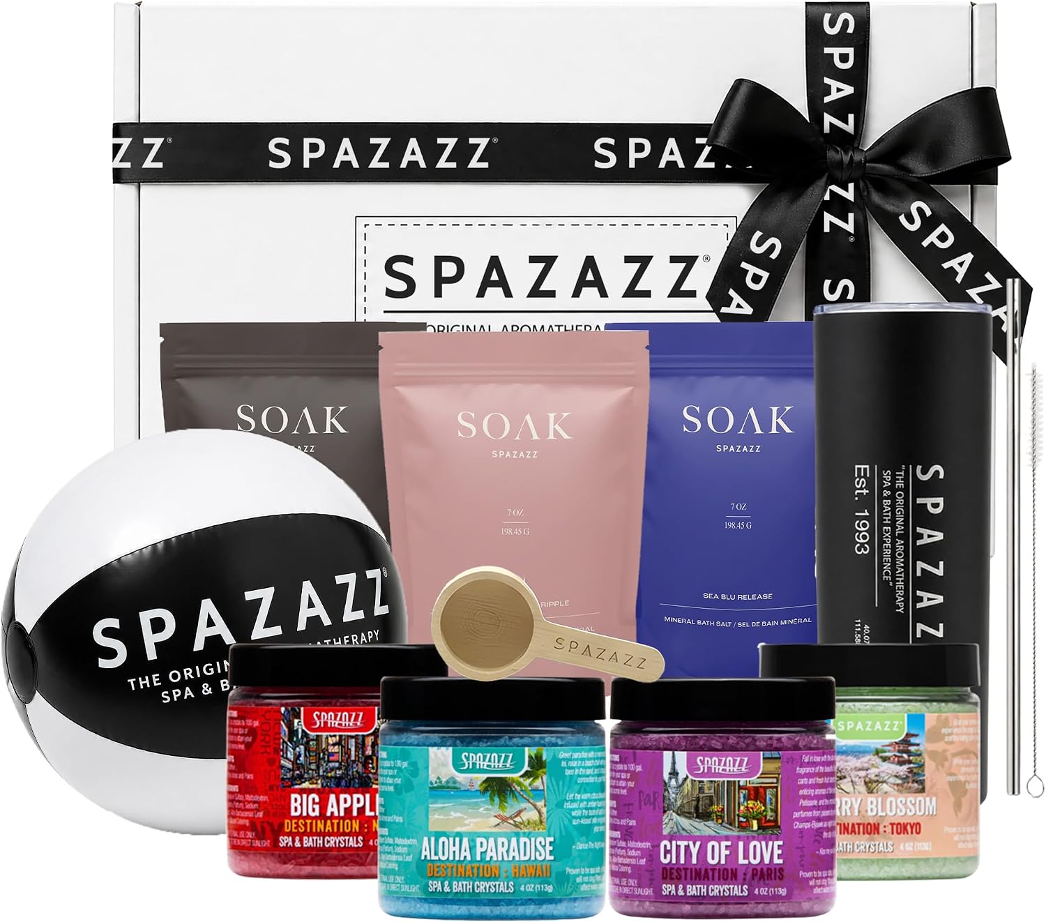 Spazazz Gift Bundle Set – 7oz Aromatherapy Mineral Bath Soak Variety & 4oz Destination Collection Bath Salts, Tumbler, Straws, Bath Salt Scoop & Mini Beach Ball – Relaxation Spa Gift Box Set
