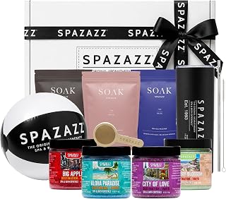 Spazazz Gift Bundle Set – 7oz Aromatherapy Mineral Bath Soak Variety & 4oz Destination Collection Bath Salts, Tumbler, Straws, Bath Salt Scoop & Mini Beach Ball – Relaxation Spa Gift Box Set