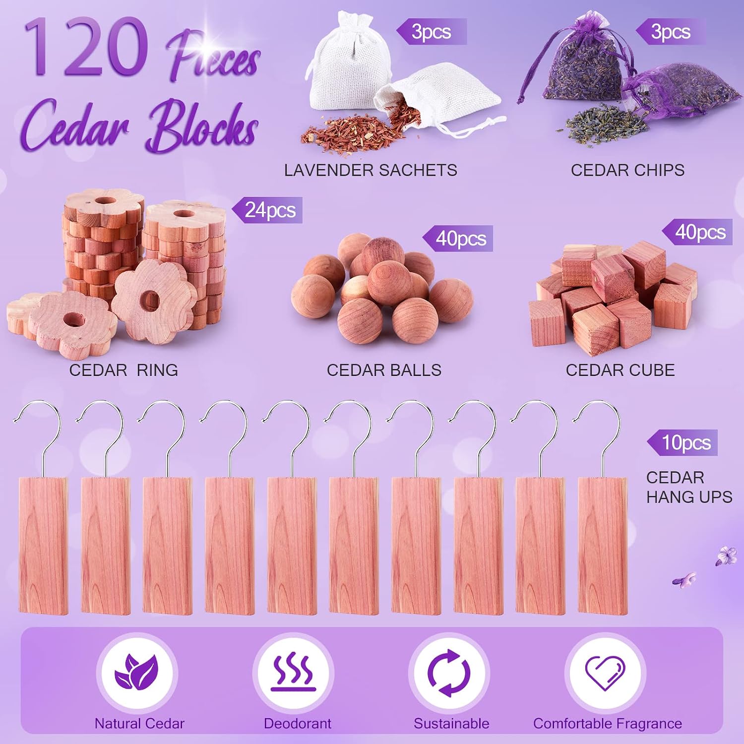 Demissle Cedar Blocks for Clothes Storage, 120 Pcs Set with Cubes, Balls, Rings, Pouches, Lavender Sachets for Closets and Drawers, Fresh Scented Sachets