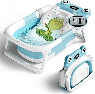 BUNWAG Baby Bathtub, Collapsible Newborn Bathtub for Infant to Toddler with Soft Cushion and Thermometer,Portable Travel Newborn Tub with No-Slip Feet, Baby Shower Gifts, 0-12 Months Baby Bath, Blue