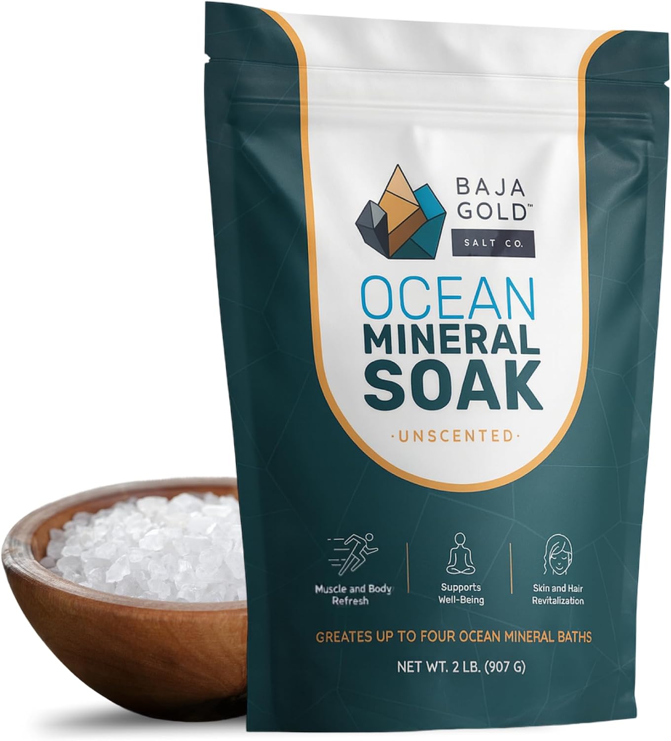 Baja Gold Ocean Mineral Soak – Natural Magnesium Bath Soak & Trace Elements | Relaxing, Clean Ingredient Soak for Bath, Muscles, Relaxation & Skin Care | Pure, Vegan, 2 Lb Resealable Bag, Unscented