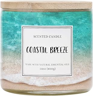 Coastal Breeze Scented Candle, 14 oz Summer Ocean Beach Candle Gift for Women and Men, Natural Soy Wax, 3 Wicks, Up to 40 Hours Burning Time