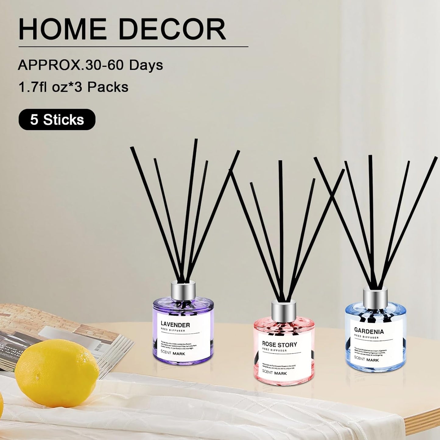Reed Diffuser Set of 3 Pack,50ML Lavender Rose Gardenia Scented Oil Diffuser with 5 Sticks,Home Fragrance Reed Diffuser for Bedroom Bathroom Office (Lavender/Rose/Gardenia)