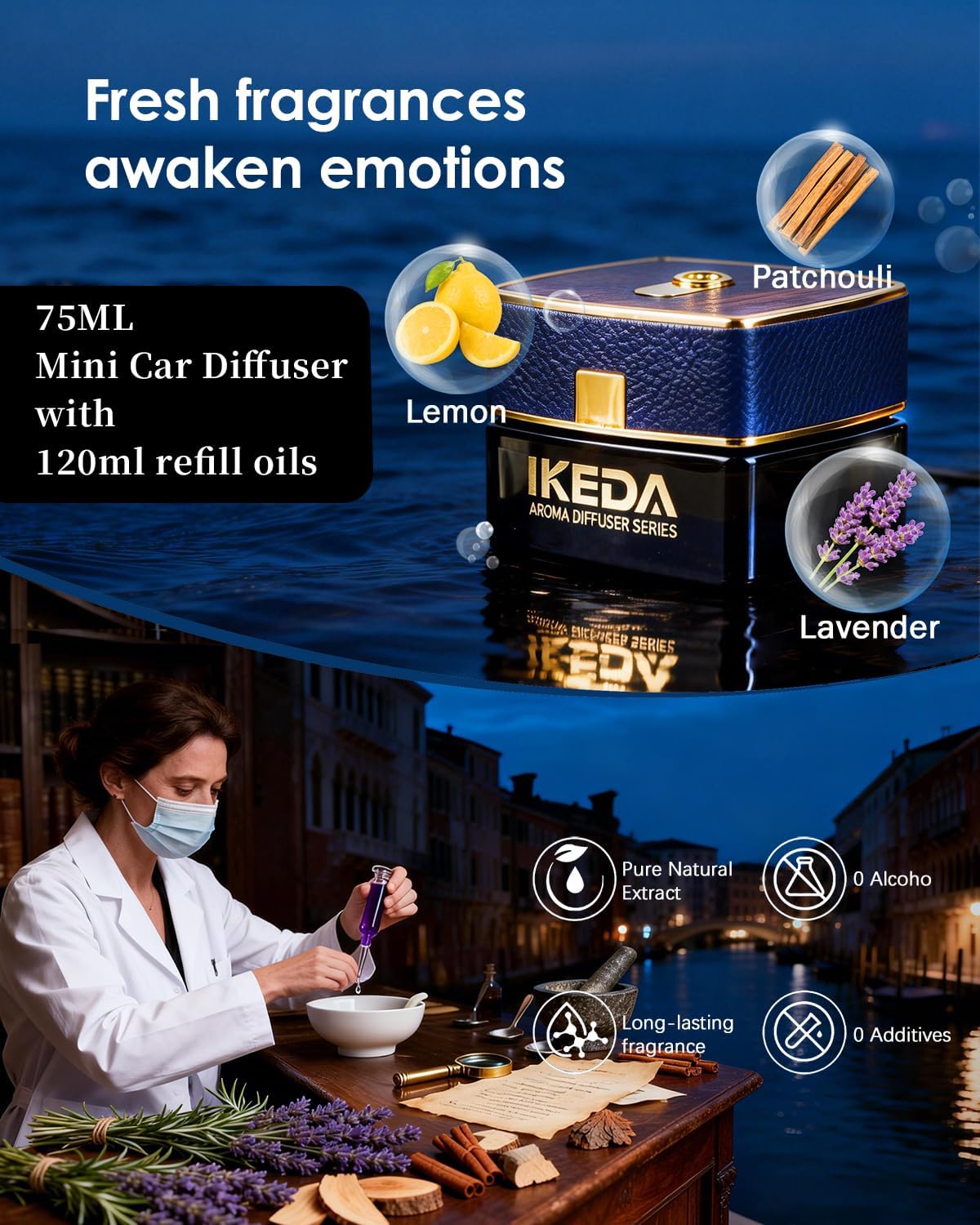 Smart Car Air Fresheners | Luxury Car Aroma Diffuser | with 120ml Long Lasting Perfume | Auto On/Off Car Diffuser | Mini Cube Diffuser for Car, Home by Ikeda (Black)
