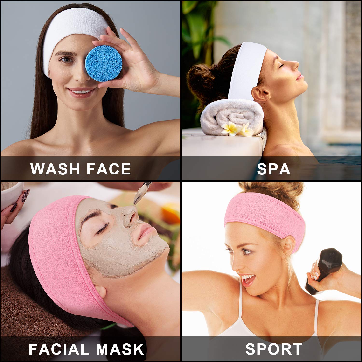 Whaline 3Pcs Spa Facial Headband Make Up Wrap Head Terry Cloth Headband Adjustable Washable Towel for Shower Makeup Face Washing Skincare Facial Treatment Sport Fits (White, Black, Pink)