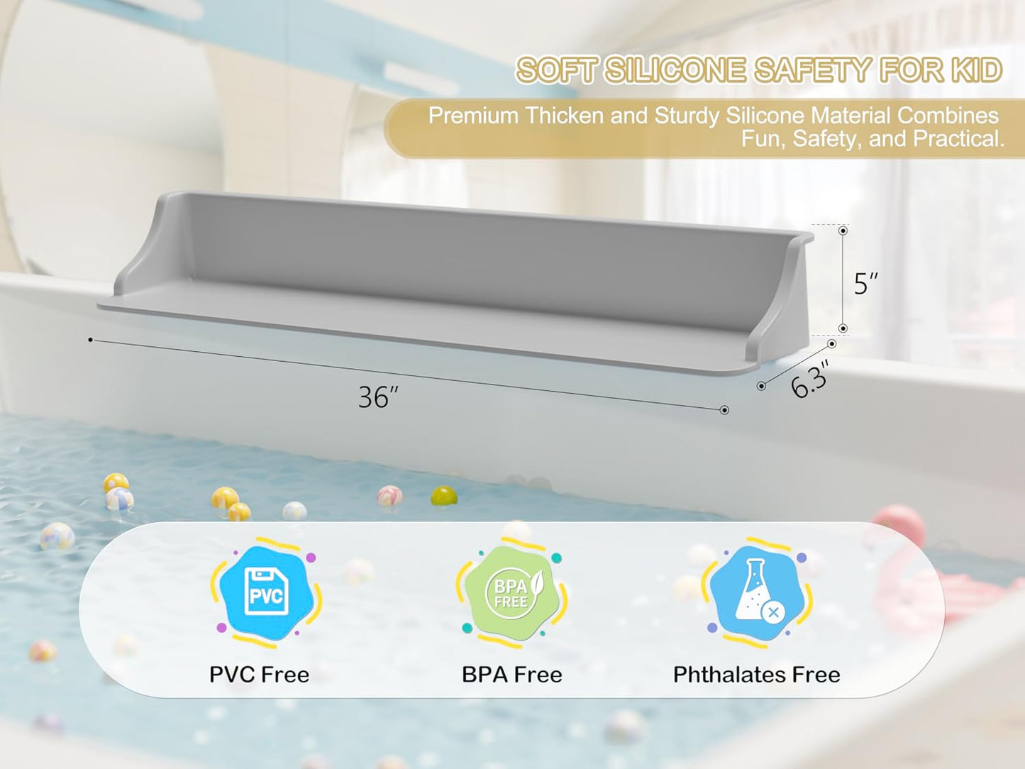 Cushore 3-Ft Bathtub Splash Guard PlayPad with Strong Suction Cups, Toy Tray Caddy Holder Storage, No-Leak, Mess-Free Bath Time for Kids, Grey