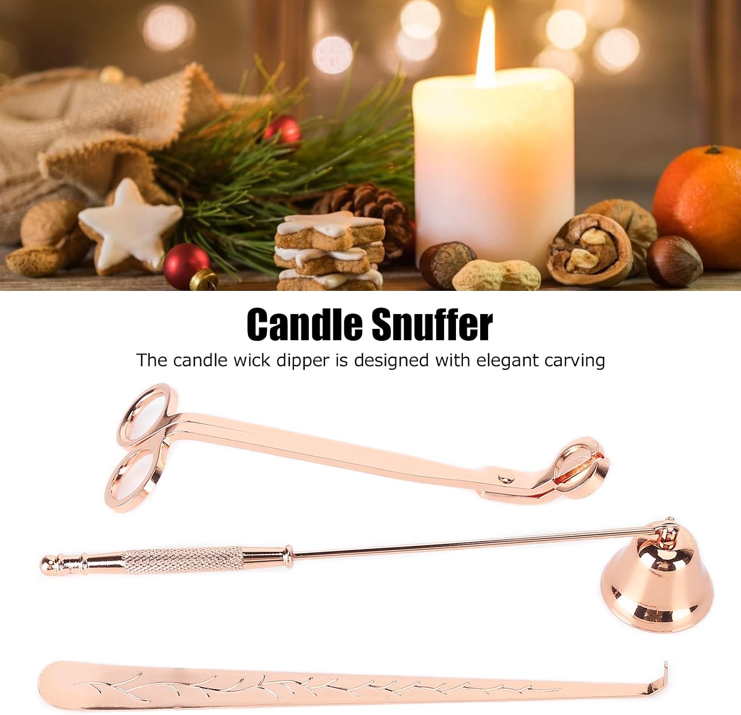 3PCS Candle Accessory Set, Stainless Steel Candle Wick Trimmer Snuffer Extinguisher Wick Dipper, with Elegant Carving Design, for Home Decoration and Candle Lovers (Pink Gold)