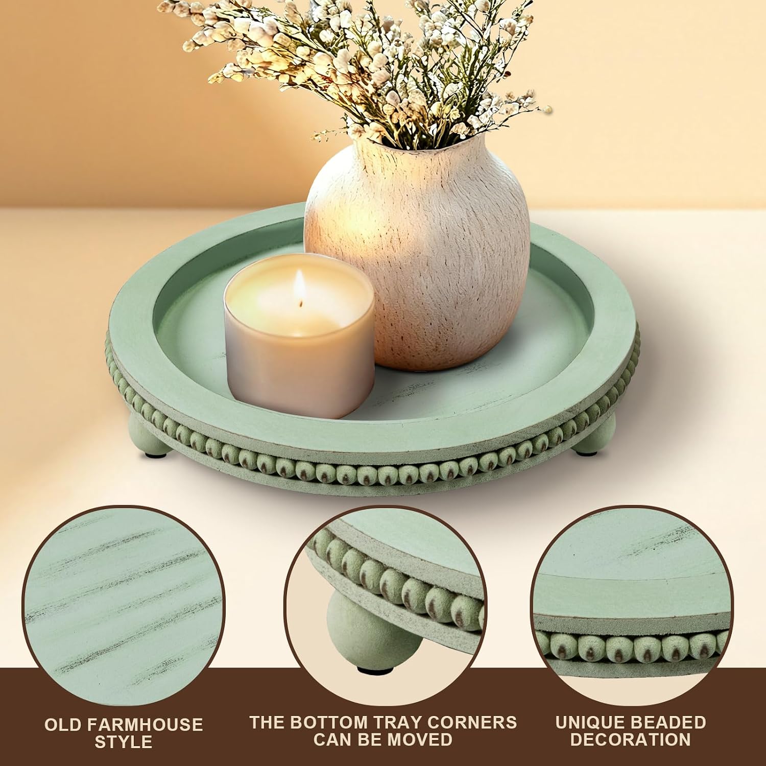 Candle Plate Hold Tray, Sage Round Trays, Wooden Decorative Tray for Coffee Table Decor, Beaded Edge Wood Tray Riser for Living Room Table, Mug Display Decorative, Table Centerpiece, Rustic Green