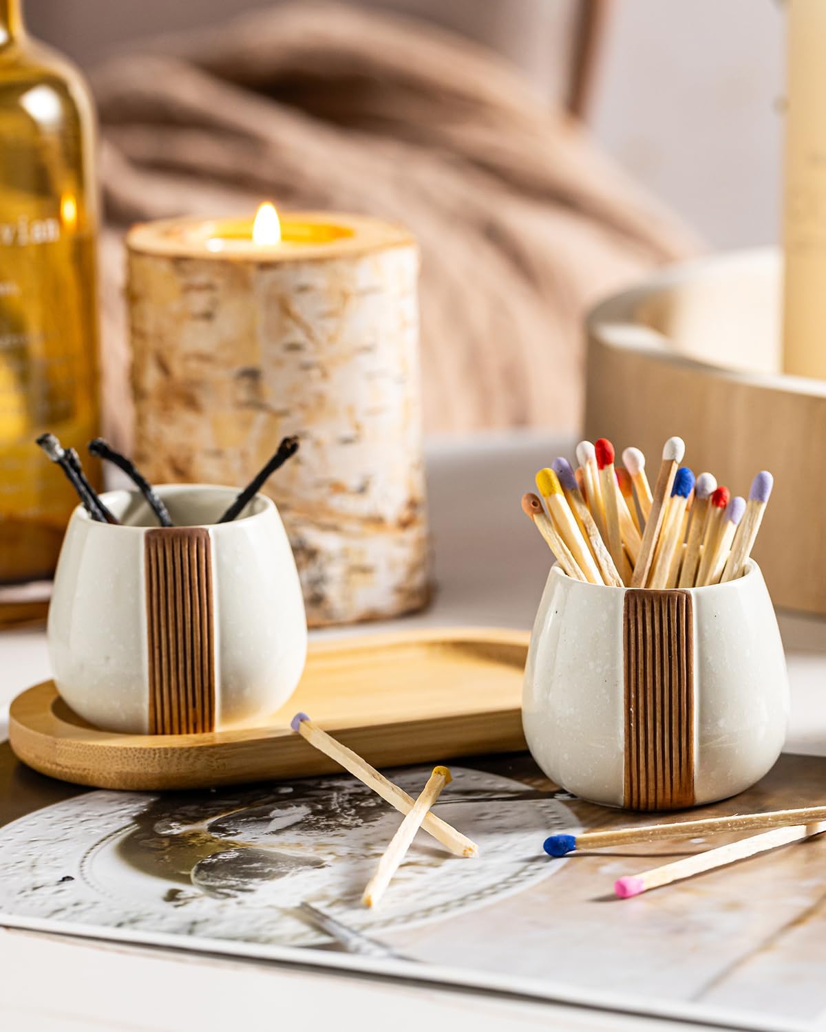 Zoeeker Ceramic Match Striker Holders Set of 2 - Matchstick Container With Wooden Tray for Christmas Kitchen, Fireplaces & Minimalist Spaces - Matches NOT Included, White