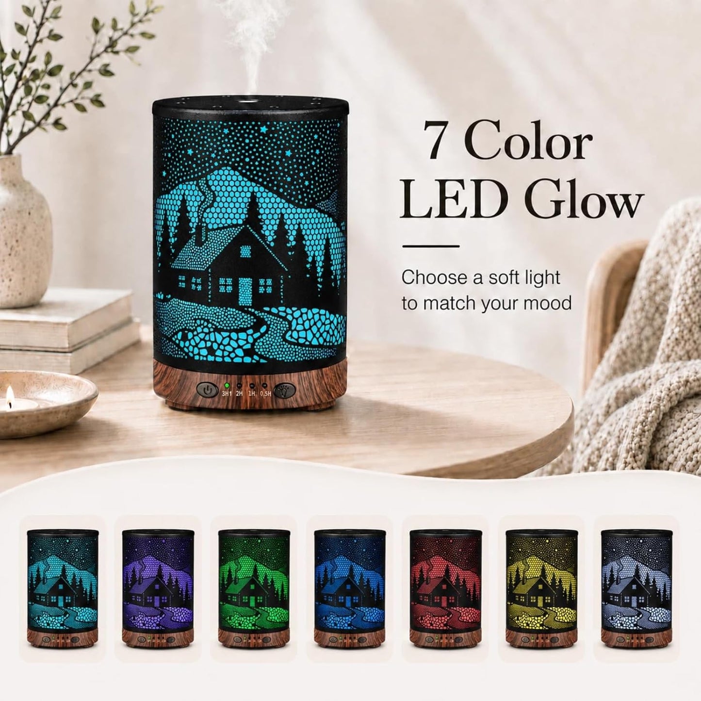 Essential Oil Diffuser, 120 ml Aromatherapy Diffuser with 7 Color Lights, Auto Shut-Off and 4 Timer Settings, Ultrasonic Cool Mist Diffuser for Home Room Office (Winter Cabin)
