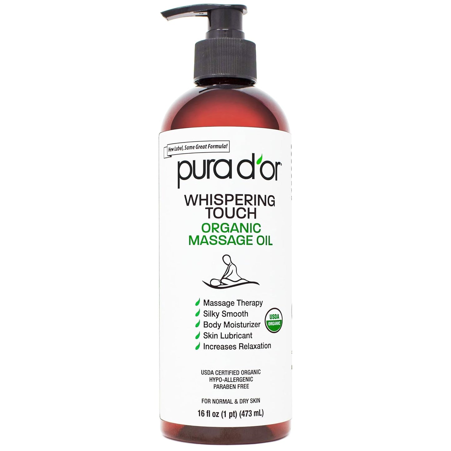 PURA D'OR 16 Oz Organic Massage Therapy Oil USDA Certified Body Moisturizer & Skin Lubricant for Aromatherapy & Relaxation, Silky & Softer Skin (Packaging May Vary)