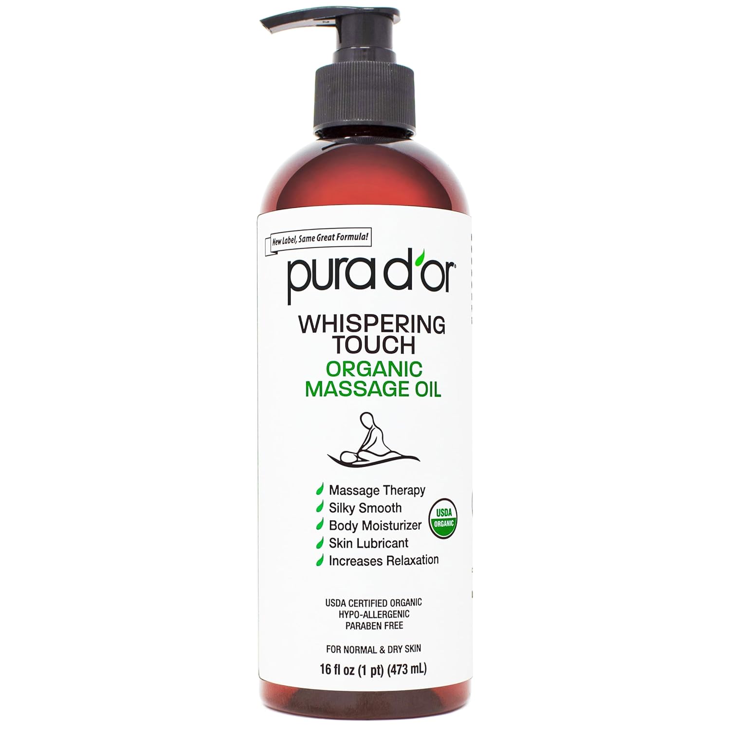 PURA D'OR 16 Oz Organic Massage Therapy Oil USDA Certified Body Moisturizer & Skin Lubricant for Aromatherapy & Relaxation, Silky & Softer Skin (Packaging May Vary)