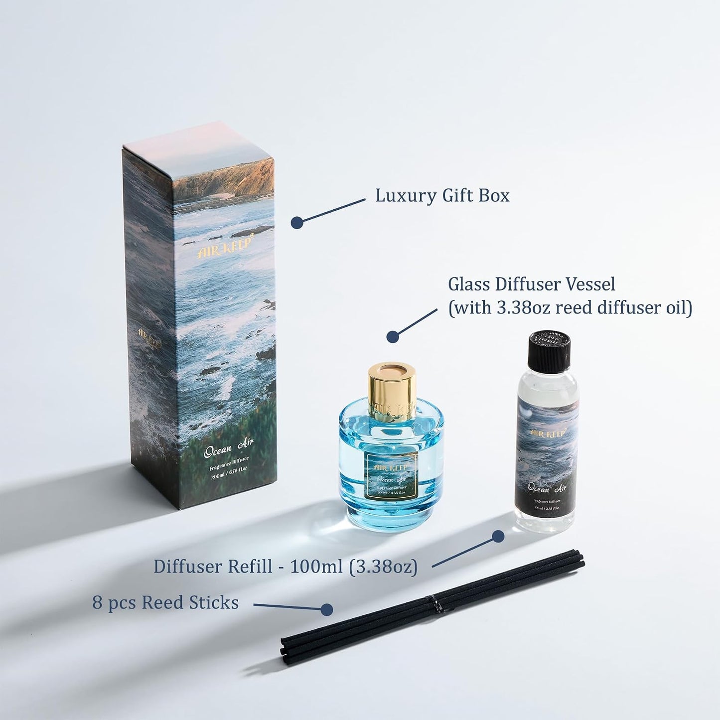 Airkeep Reed Diffuser Set with Refill & 8 Reed Sticks, 6.96 fl oz Ocean Air Home Fragrance, Long Lasting Aromatherapy Diffuser for Bedroom, Bathroom & Living Room