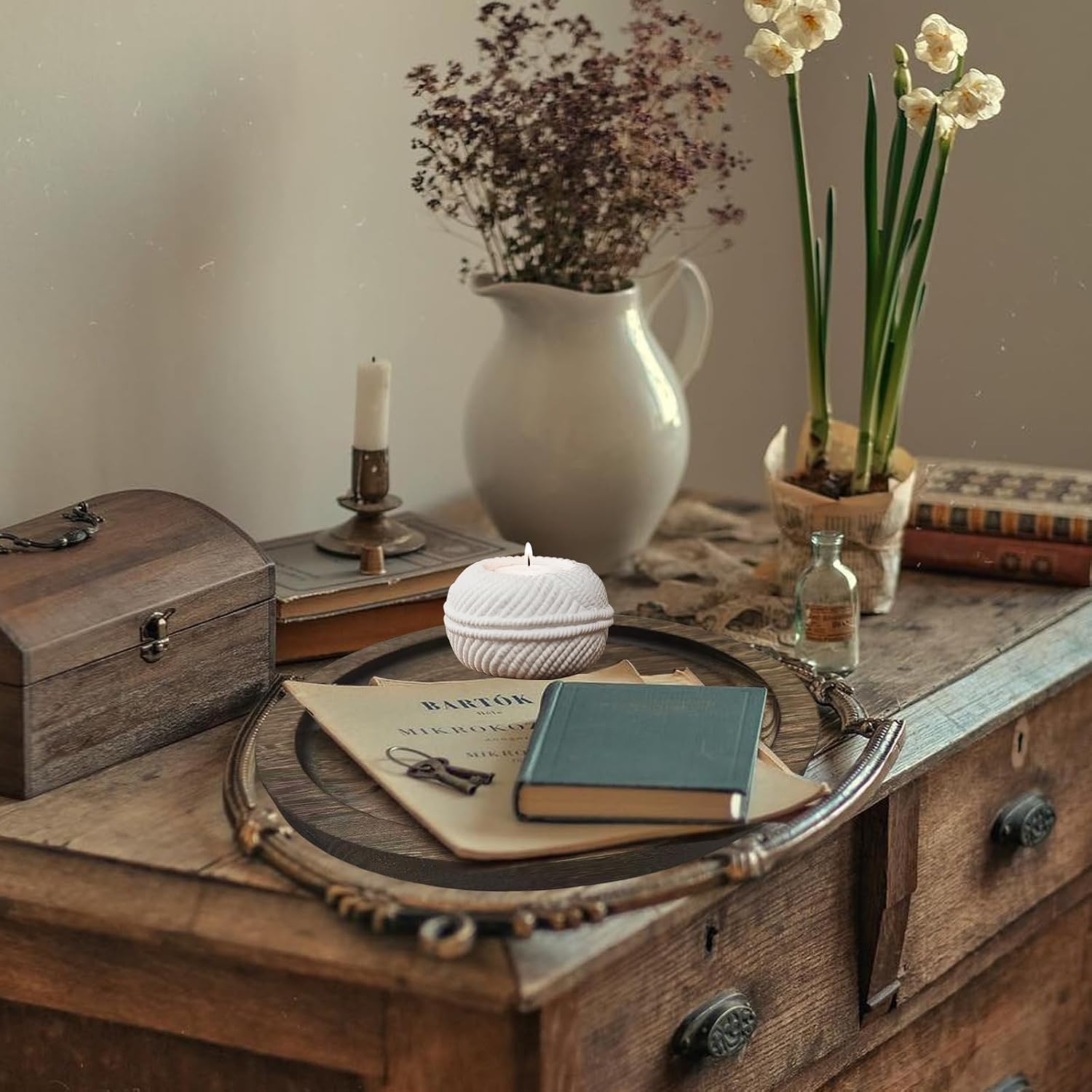Candle Plate Holder Tray: Round Wooden Decorative Candle Plate Small Farmhouse Table Centerpiece Rustic White Wood Tealight Pillar Trays for Home Decor (Distressed)