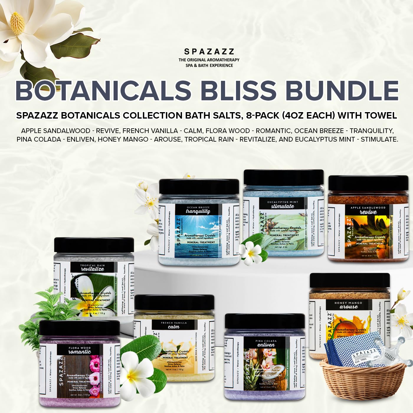 Hot Tub Aromatherapy Bath Salt 8-Pack Botanicals Bundle (4oz) - Apple Sandalwood, French Vanilla, Flora Wood, Ocean Breeze Pina Colada, Honey Mango,Tropical Rain, Eucalyptus, with Hot Cold Towel