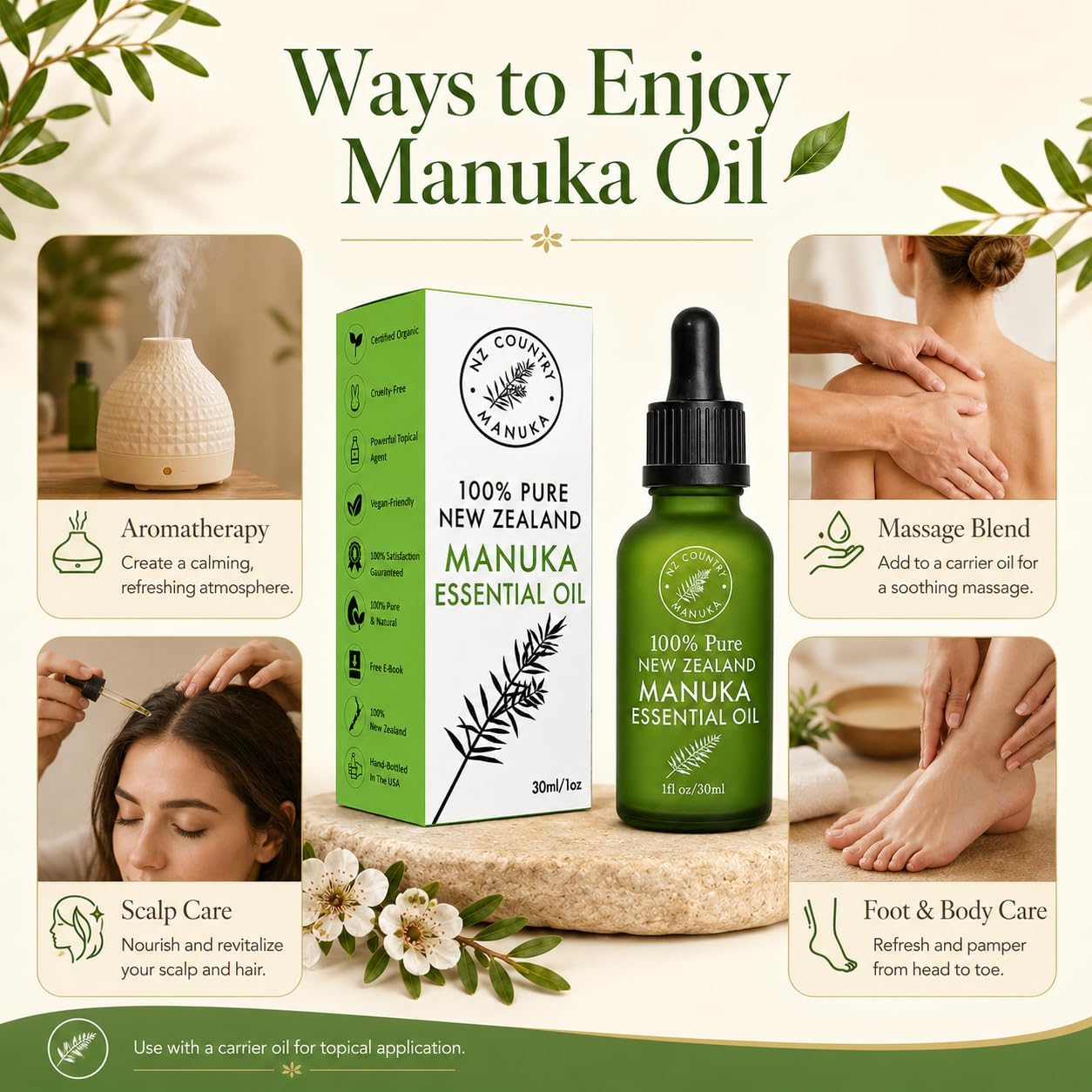 100% Pure New Zealand Manuka Oil | Organic Essential Oil | 35x Stronger Than Tea Tree | Natural Skin Care | Toenails | Diffuser | Aromatherapy | Nails | Hair | Skin | Lips