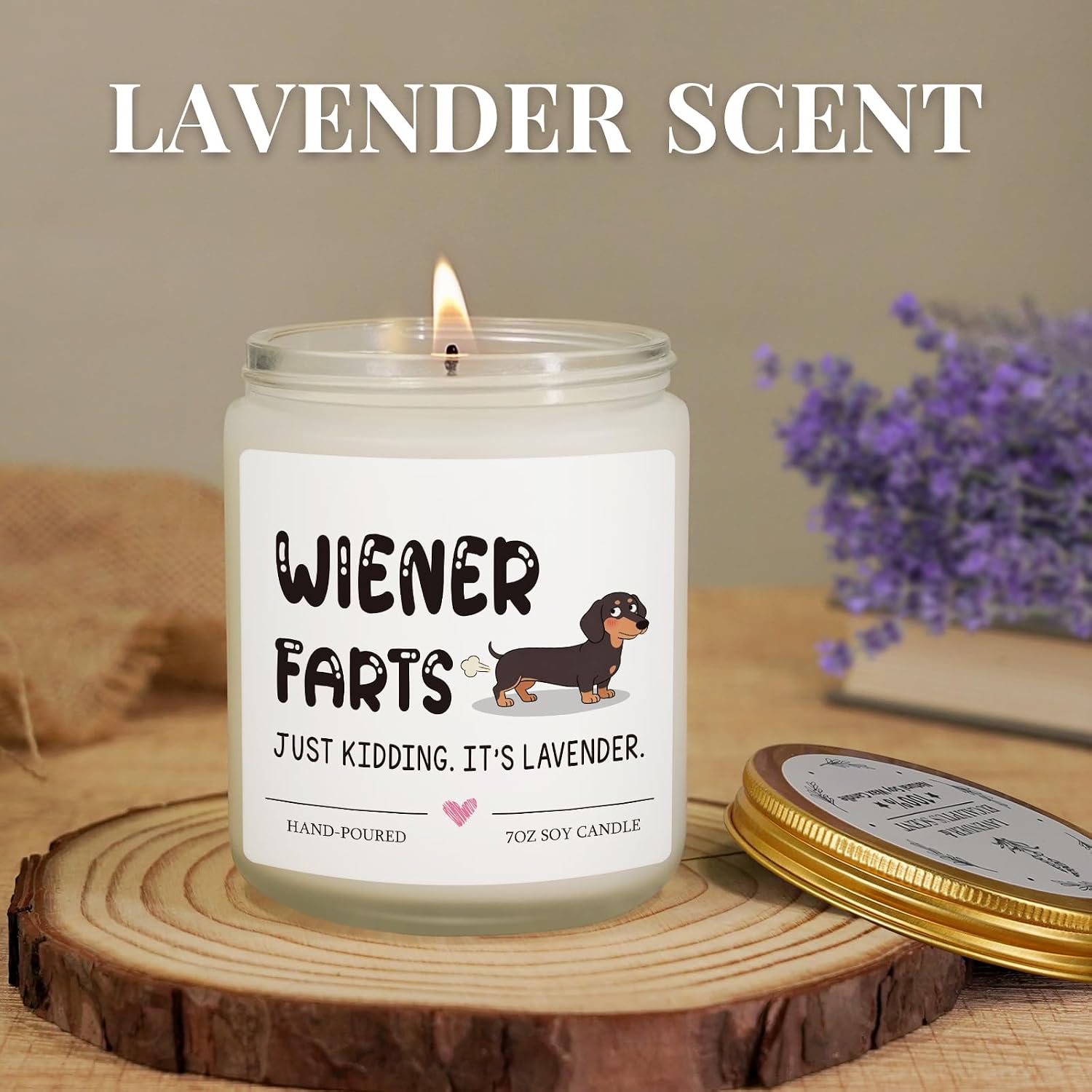 Dog Lover Gifts, Mothers Day Gifts, Christmas, Birthday Gift for Women, Mother, Dog Mom, Sister, Best Friend- Weiner Dogs Farts Candle - Lavender Scent, Hand Pour 7 OZ Soy Candle
