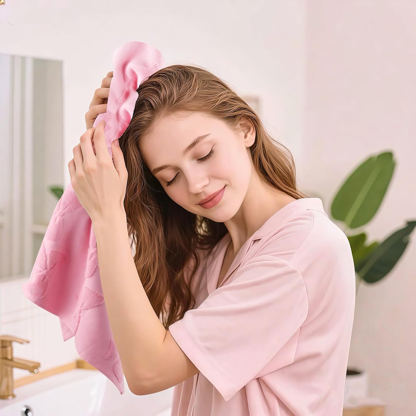 NZNDB 4 Pack Cotton Towel Set, Contains 2 Hand Towels 14x30in & 2 Wash Coths 14x14in, Pink Soft Bathroom Bow Towel Set, Highly Absorbent & Lightweight, Preppy Bath Decor Wedding Gift