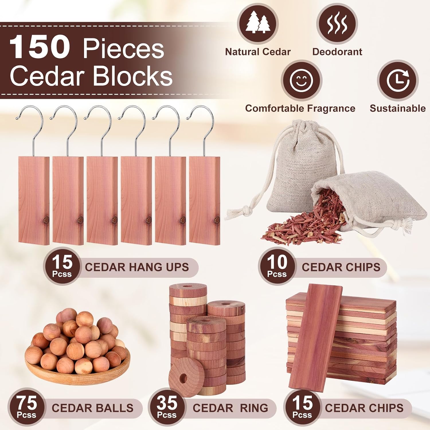 Geetery 150 Pcs Cedar Blocks for Clothes Storage Aromatic Planks with Metal Hooks Cedar Chips and Balls Wooden Scented Accessories for Drawer Closet Freshener