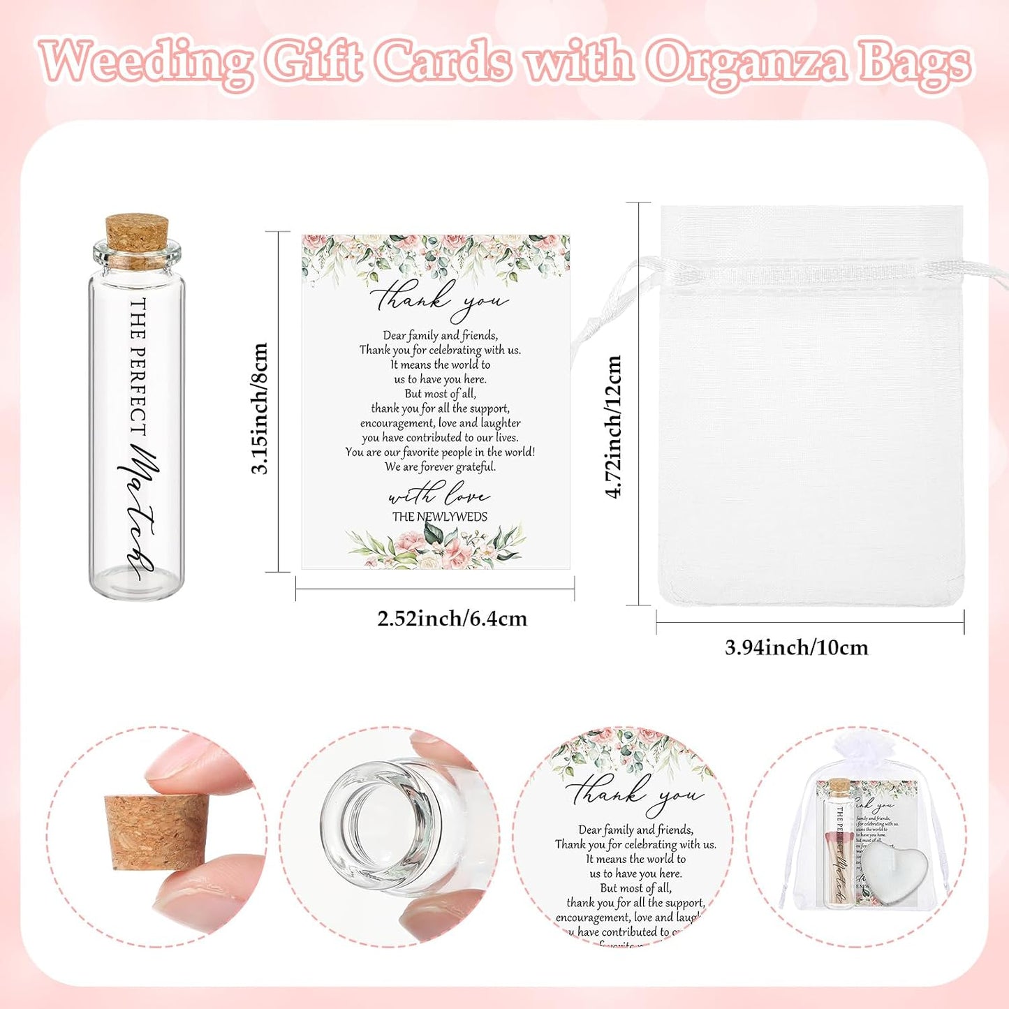 50 Sets Wedding Party Favors for Guests Bulk Including Heart Shaped Candles and Empty Matches Jars with Cork Top Thank You Cards and Organza Bags for Wedding Bridal Shower Party (Flower)