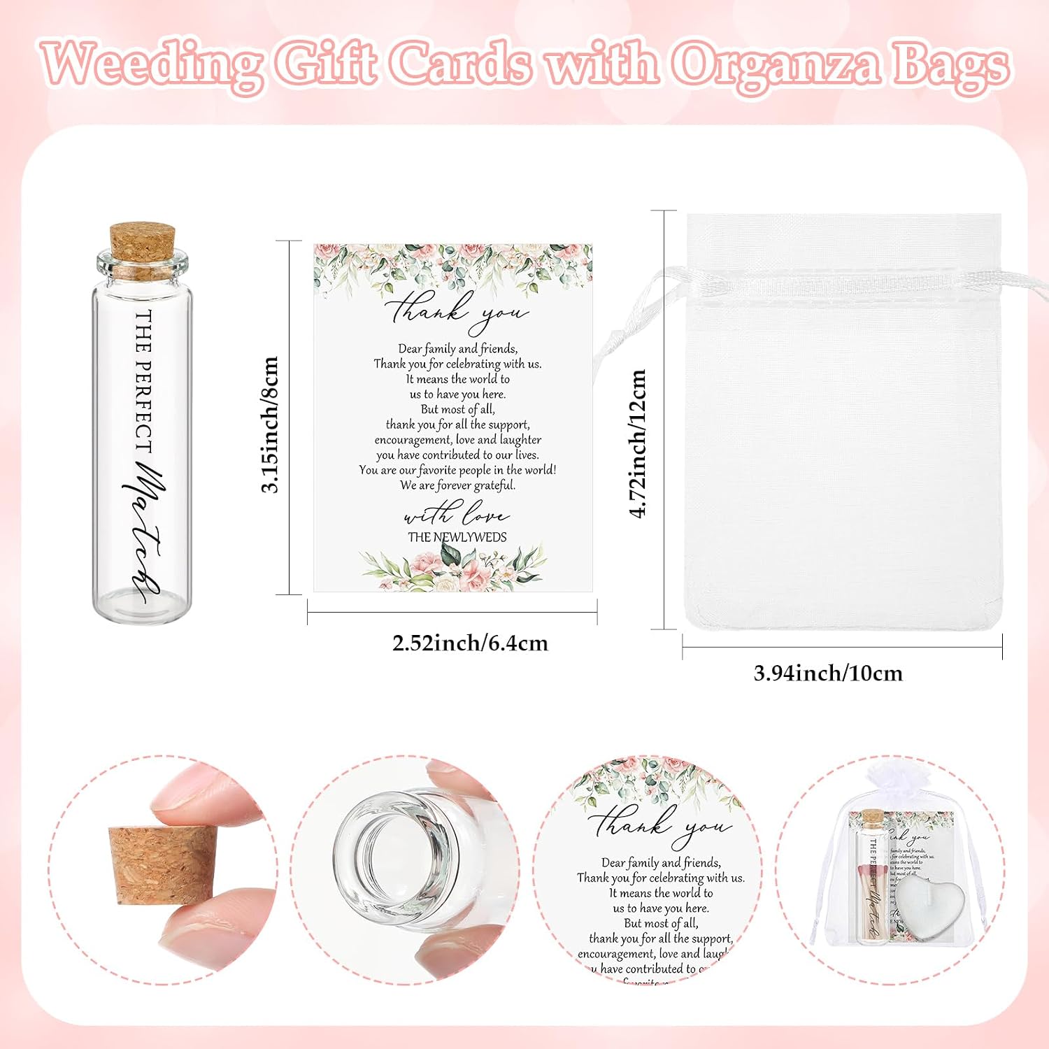 50 Sets Wedding Party Favors for Guests Bulk Including Heart Shaped Candles and Empty Matches Jars with Cork Top Thank You Cards and Organza Bags for Wedding Bridal Shower Party (Flower)