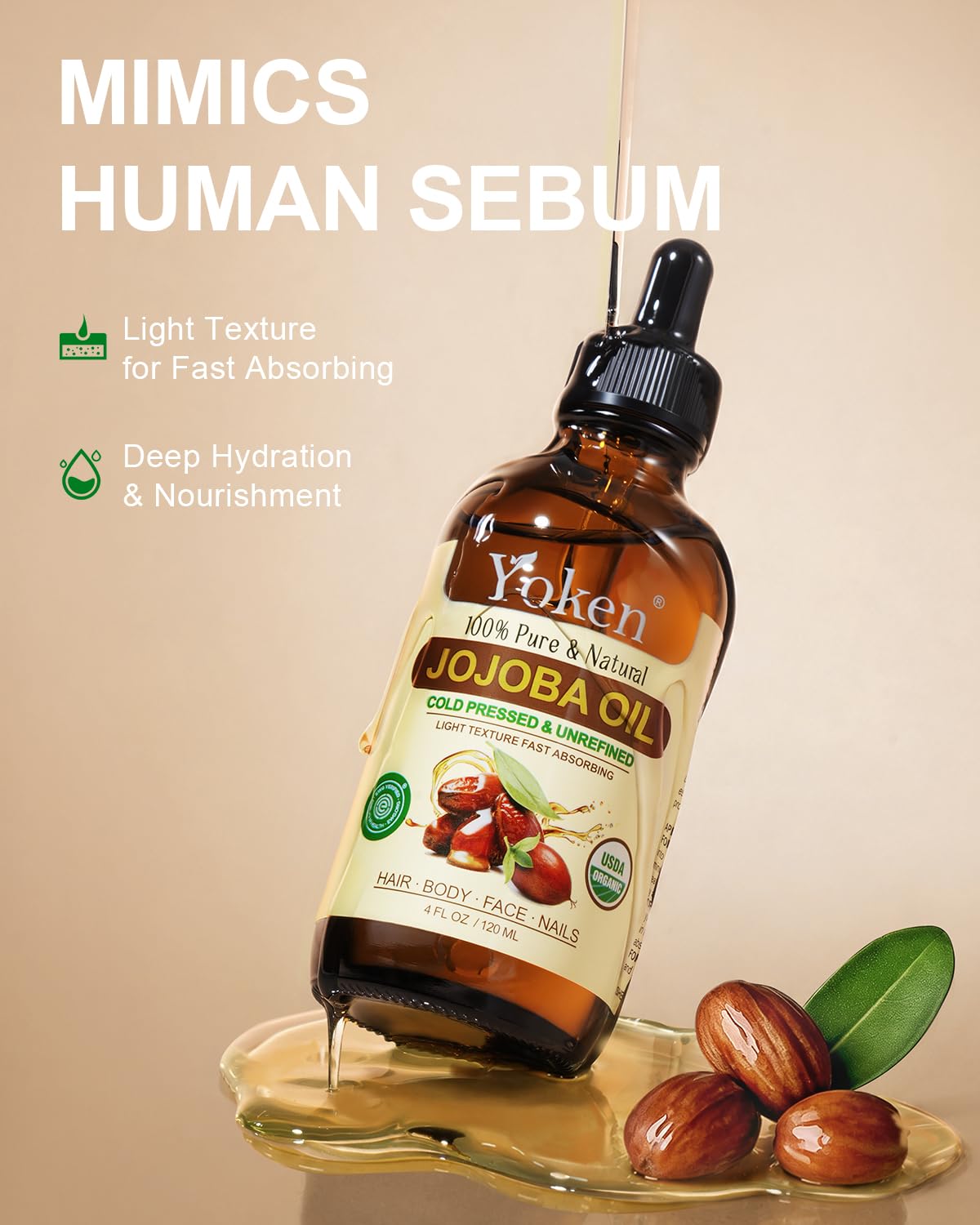Yoken 4oz Jojoba Oil (EWG Verified) 100% Pure Cold Pressed Jojoba Oil for Face, Hair, Nails and Skin, Unrefined & Hexane Free, Natural Body Facial Moisturizer Multi-purpose oil Base Carrier Oil