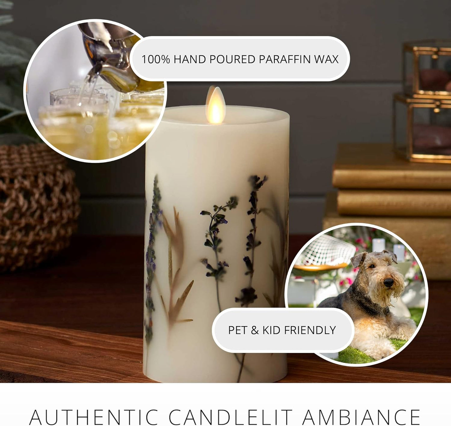 Luminara Realistic Artificial Moving Flame Pillar Candle with Lavender & Rosemary Inclusion - Moving Flame LED Battery Operated Lights - Remote Ready - Remote Sold Separately - 3.25" x 4.5"