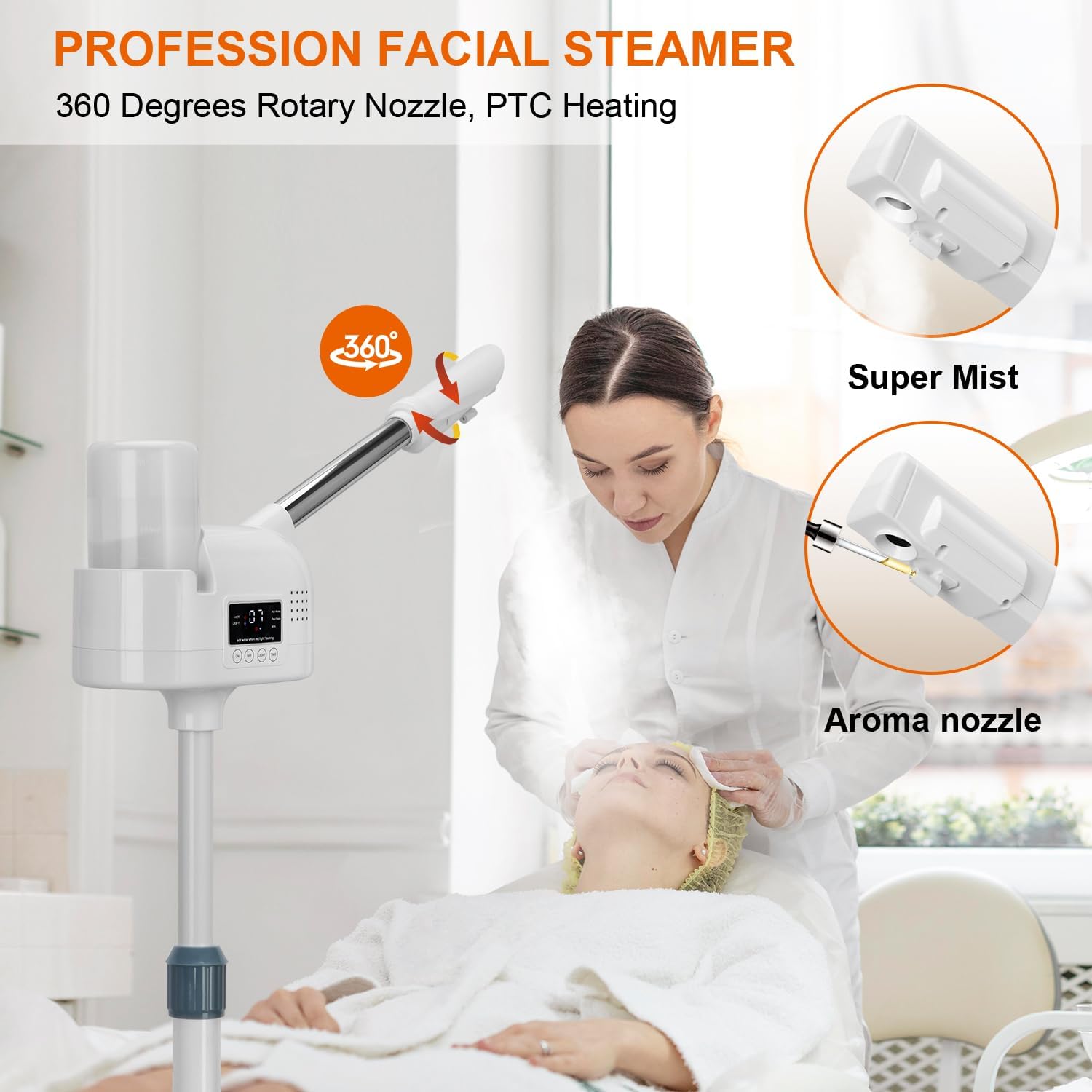 Professional Facial Steamer, Face Steamer Upgrade PTC Heating, Esthetician Steamer Hot Mist Facial Steamer for Salon Spa Beauty (White)