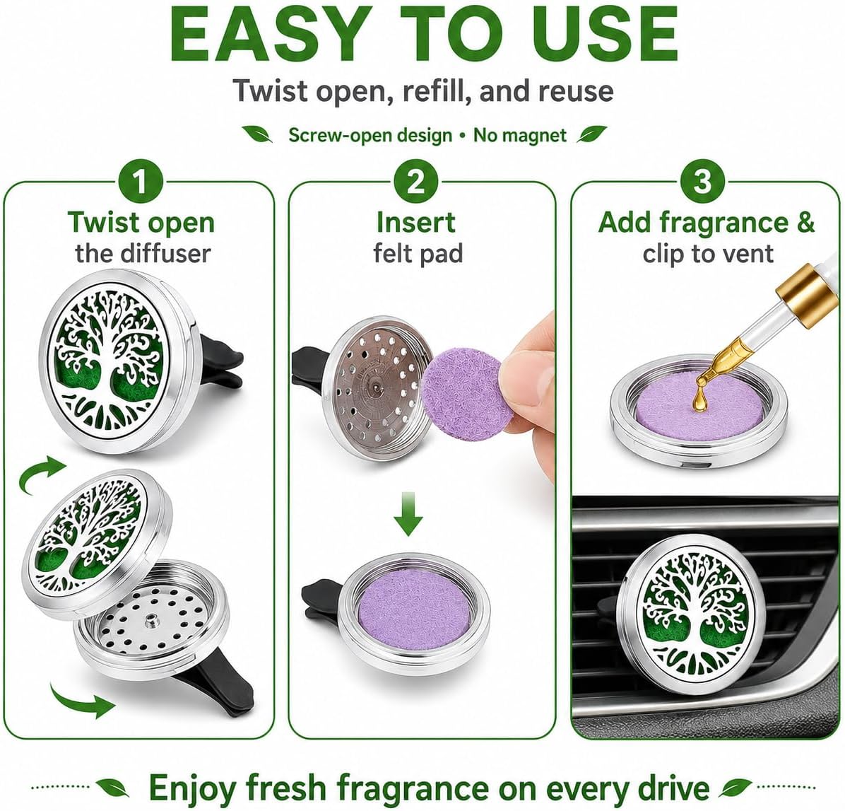 2PCS 30mm Car Aromatherapy Essential Oil Diffuser Stainless Steel Locket with Vent Clip 30 Felt Pads Tree of Life Pattern (Silverly)