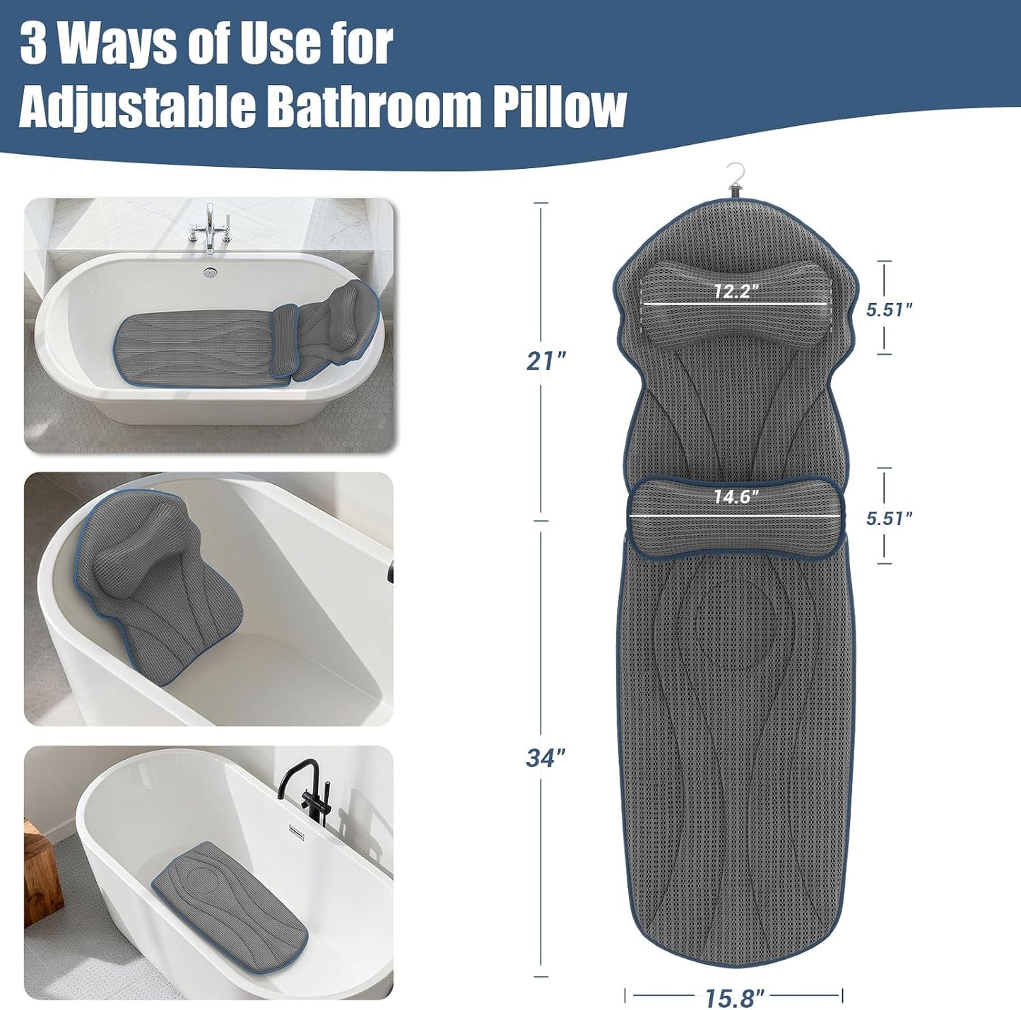 Full Body Bath Pillows for Tub Luxury Bathtub Pillow Cushion for Head,Shoulder,Back&Lumbar Support Thick Tub Pillow for Bathtub for Women Relaxing Soft 5D Air Mesh Mat 12 Non-Slip Power Suction Cups