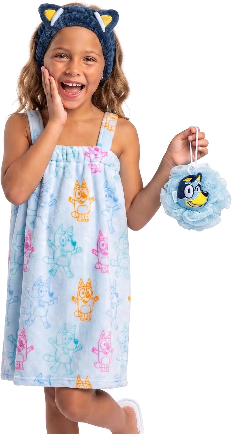Jay Franco Bluey 3 Piece Spa &amp; Bath Set - Includes Towel Wrap, Loofah &amp; Spa Headband - Kids Bath &amp; Shower Accessories
