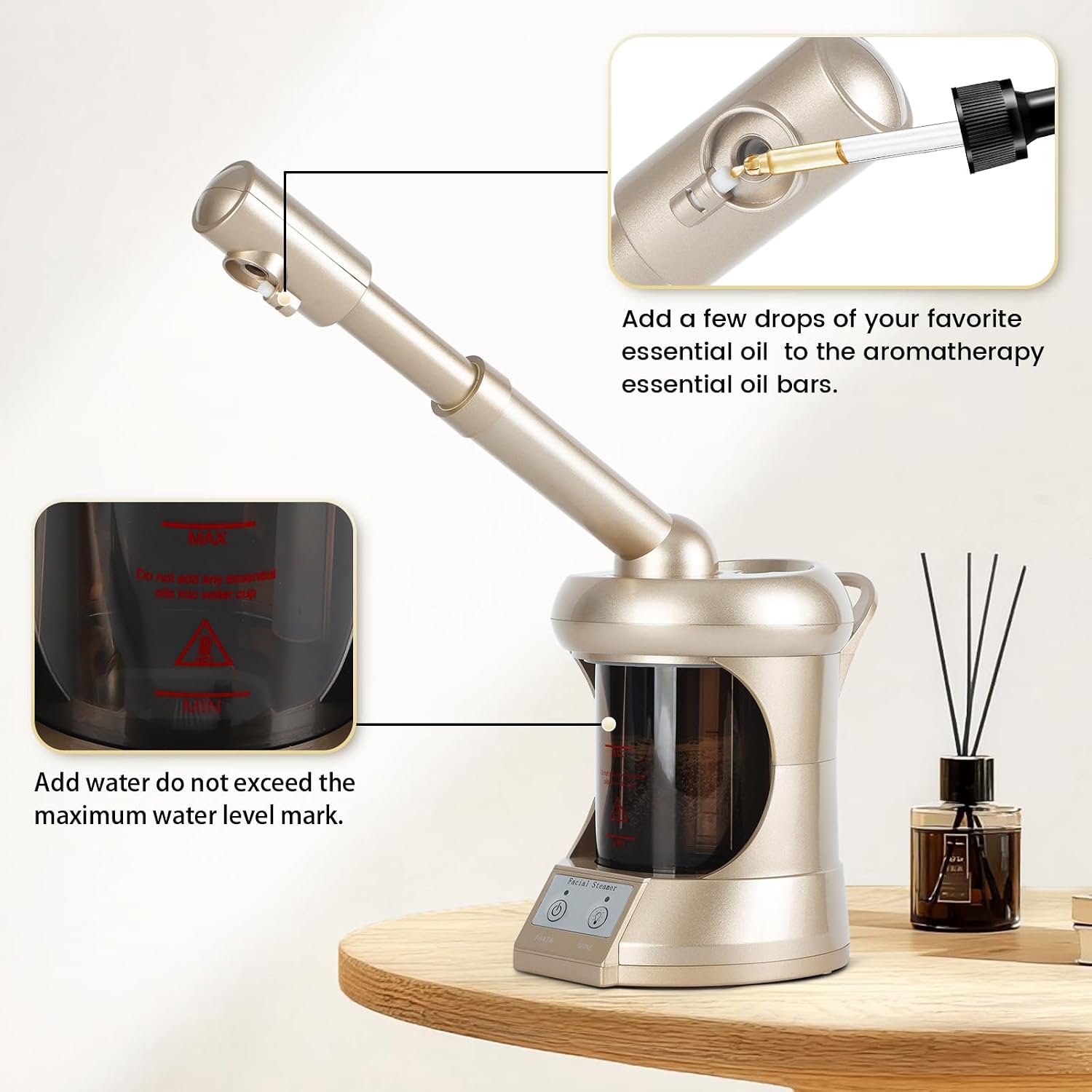 Facial Steamer Professional with More Steam for Deep Cleansing and Hydration, Face Steamer Featuring extendable arm, Steamer for Facial for Beauty, Spa and Home Use, Champagne Gold